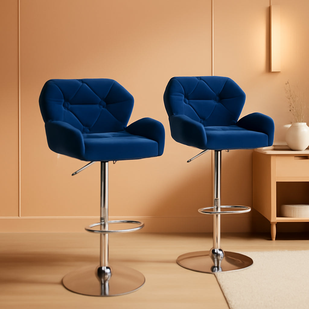Velvet Diamond Tufted Swivel Barstools Blue Adjustable Height Set of 2