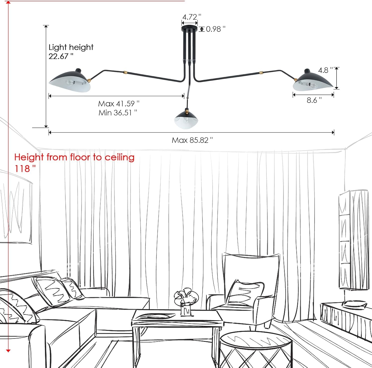 Matt Black 3 Arm Adjustable Pendant Light Chandelier-3