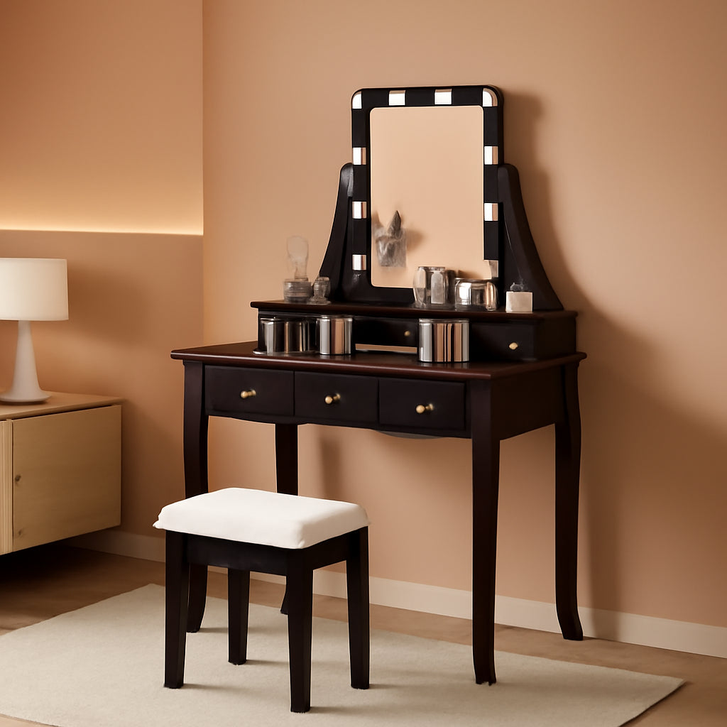 Brown Vanity Table Set With 10 LED Lights For Bedroom