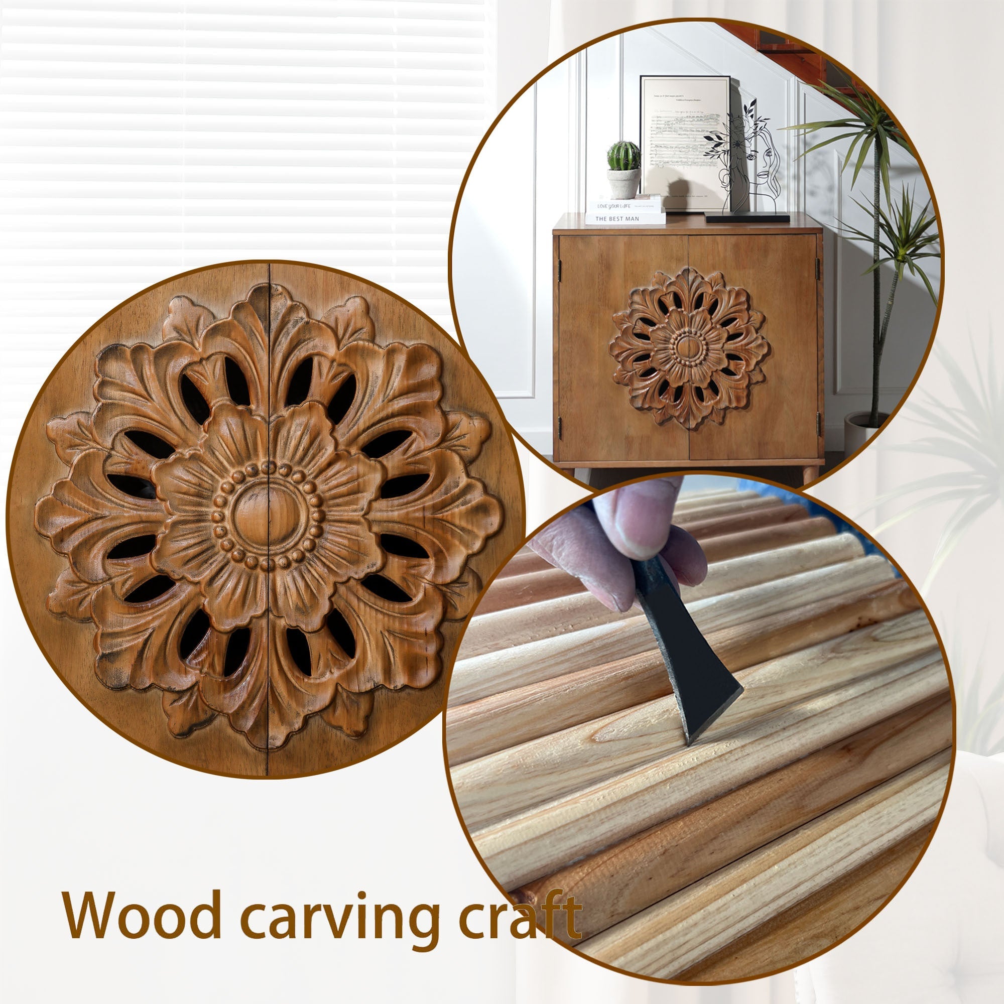Rustic Hand-Carved Wooden 2-Door Cabinet