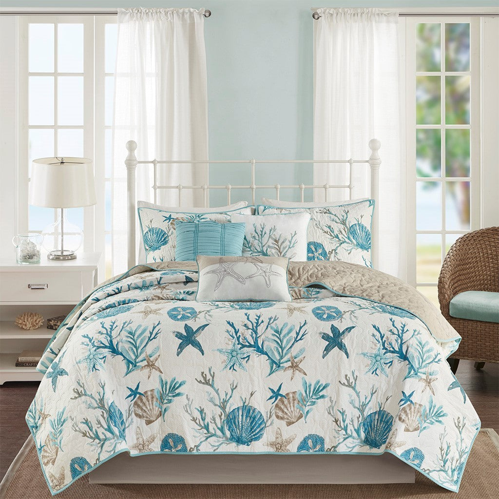 6 Piece Cotton Sateen Quilt Set with Throw Pillows Aqua King/Cal King