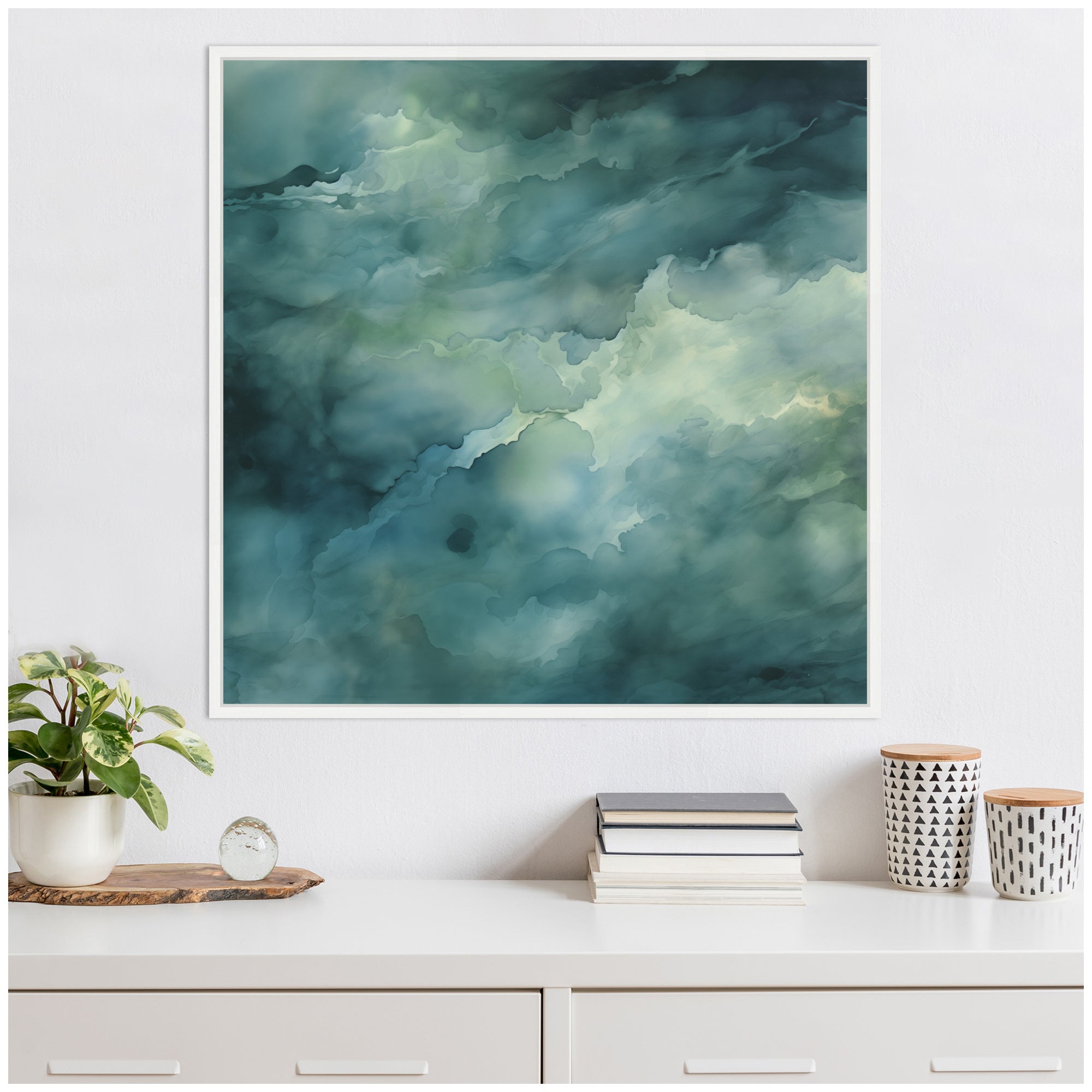 Sylvie Rich Green Teal Watery Abstract Framed Canvas by The Creative Bunch Studio