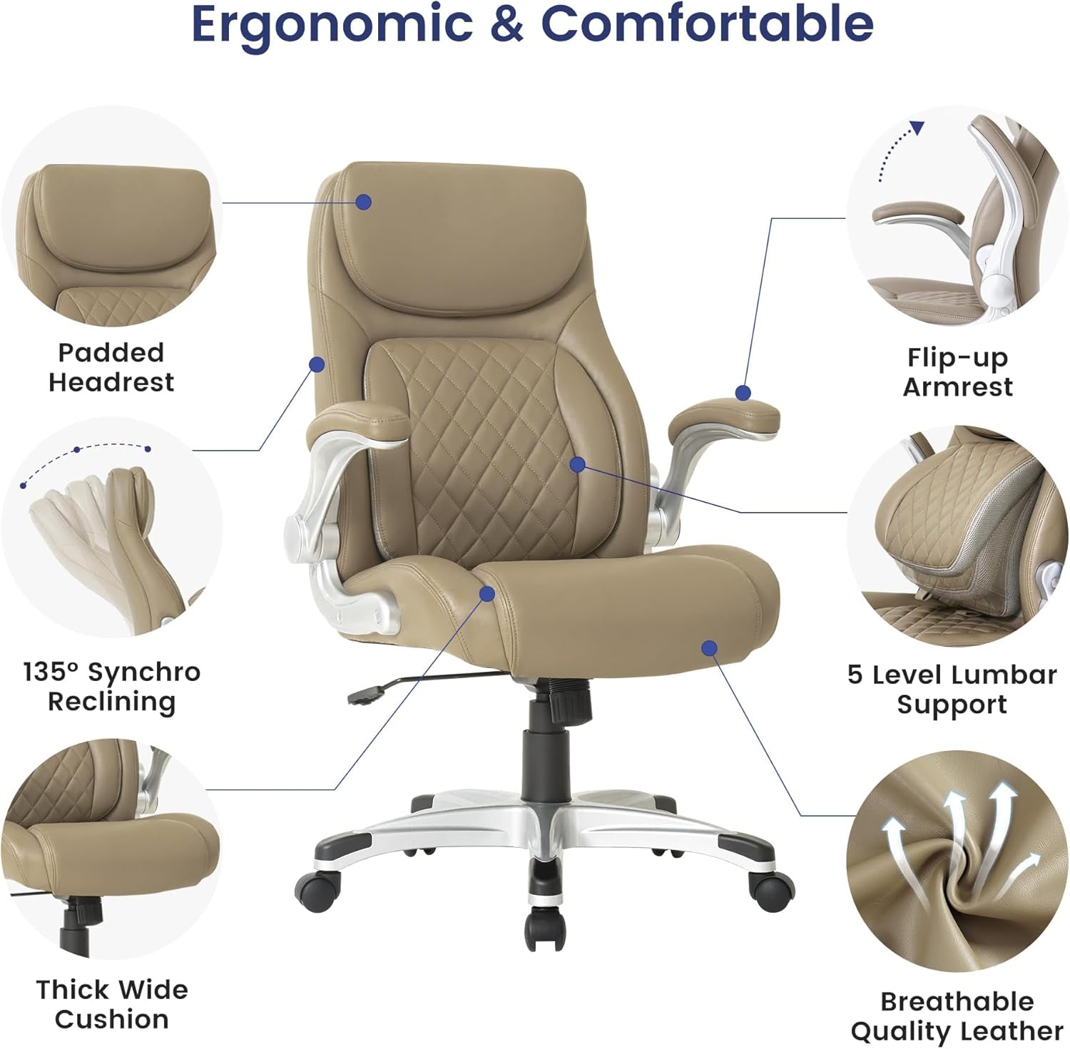 Ergonomic Office Chair Microfiber Leather With Adjustable Lumbar Support Taupe