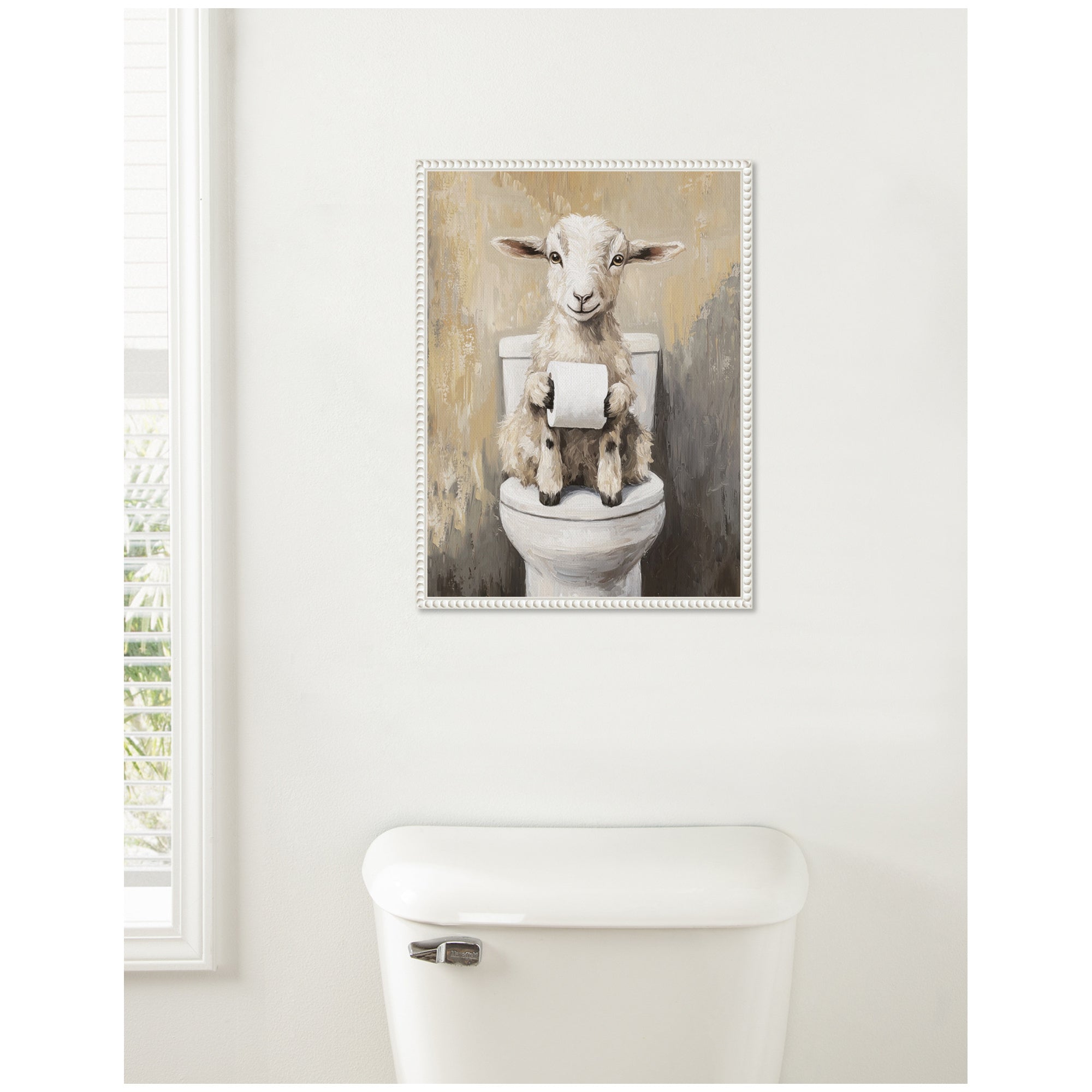 Sylvie Goat Holding Toilet Paper Roll Toilet Bathroom Art Framed Canvas by The Creative Bunch Studio