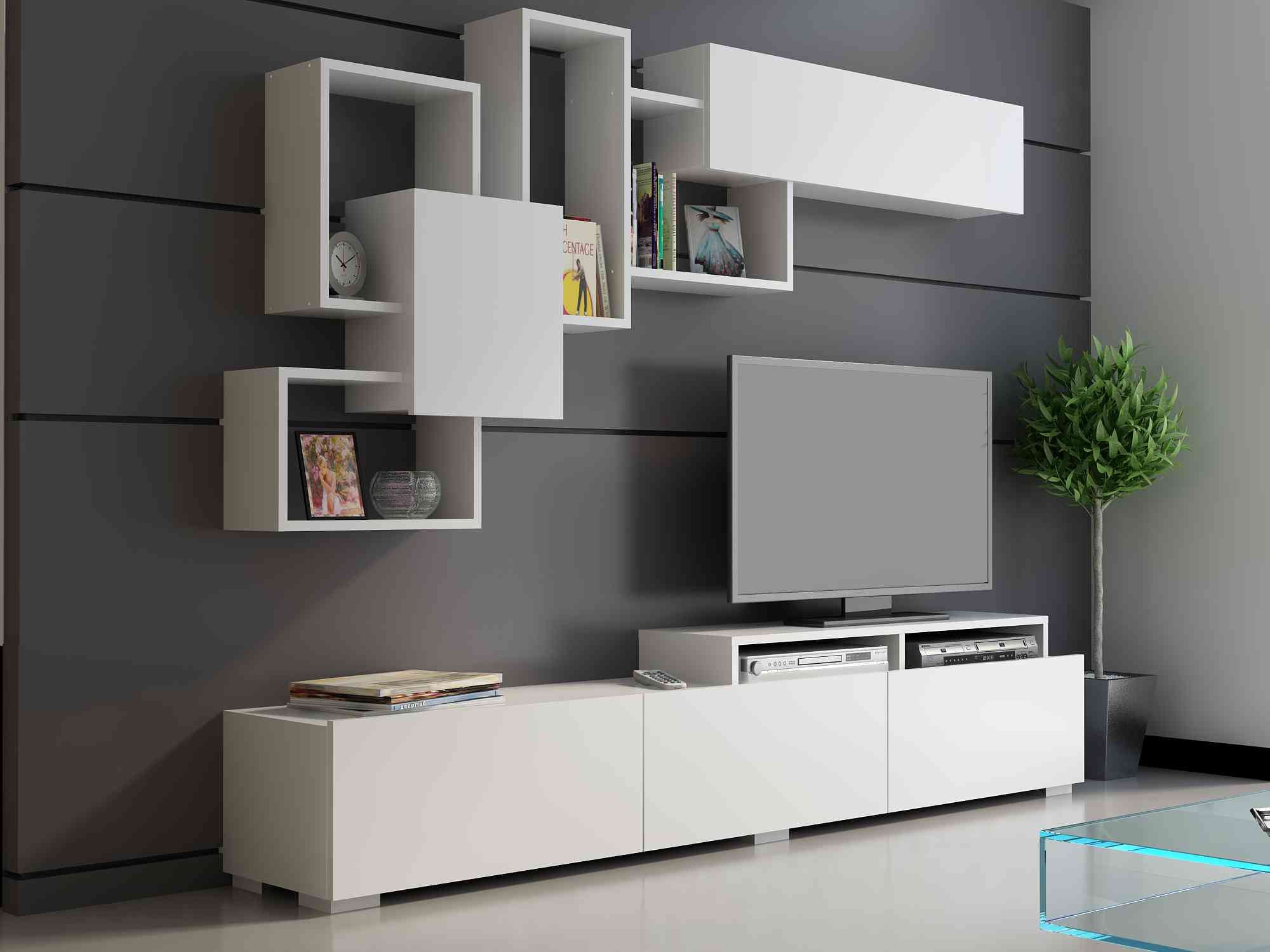 Amor TV Stand Entertainment Center with Wall Shelf and Cubbies for up to 85'' TVs