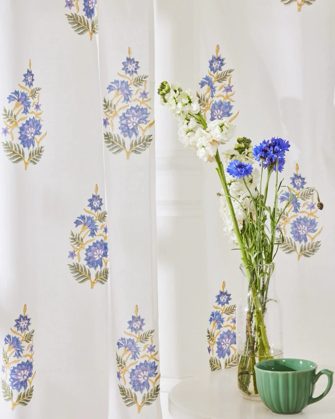 White & Blue Hand Block Printed Linen Curtains | Blue Lotus Design-1