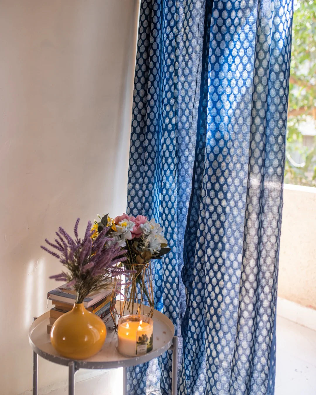 Indigo Blue Hand Block Printed Linen Curtains | Water Droplet Design-1