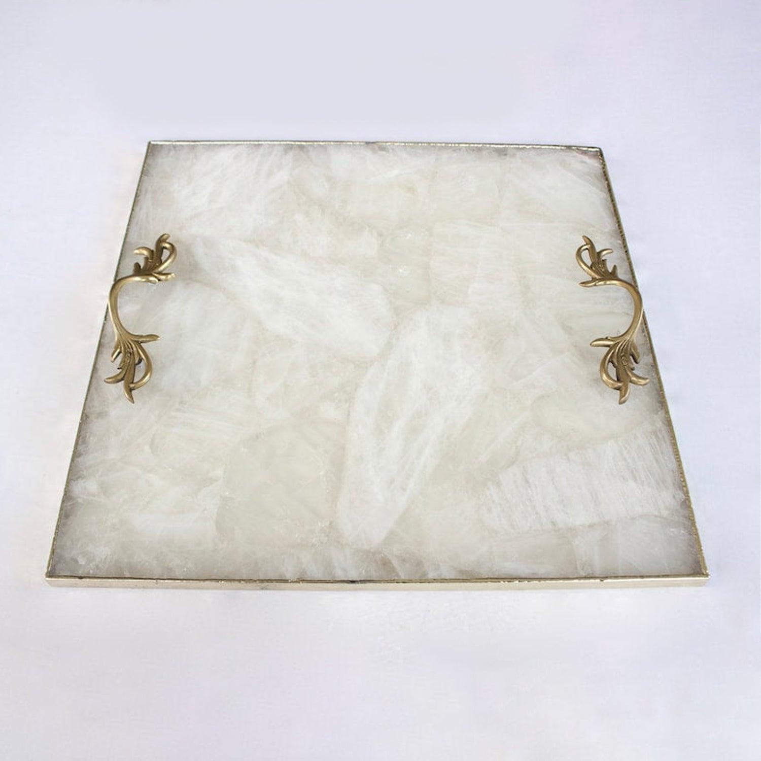 White Agate Serving Tray With Brass Handles | Square - PRHOMZ