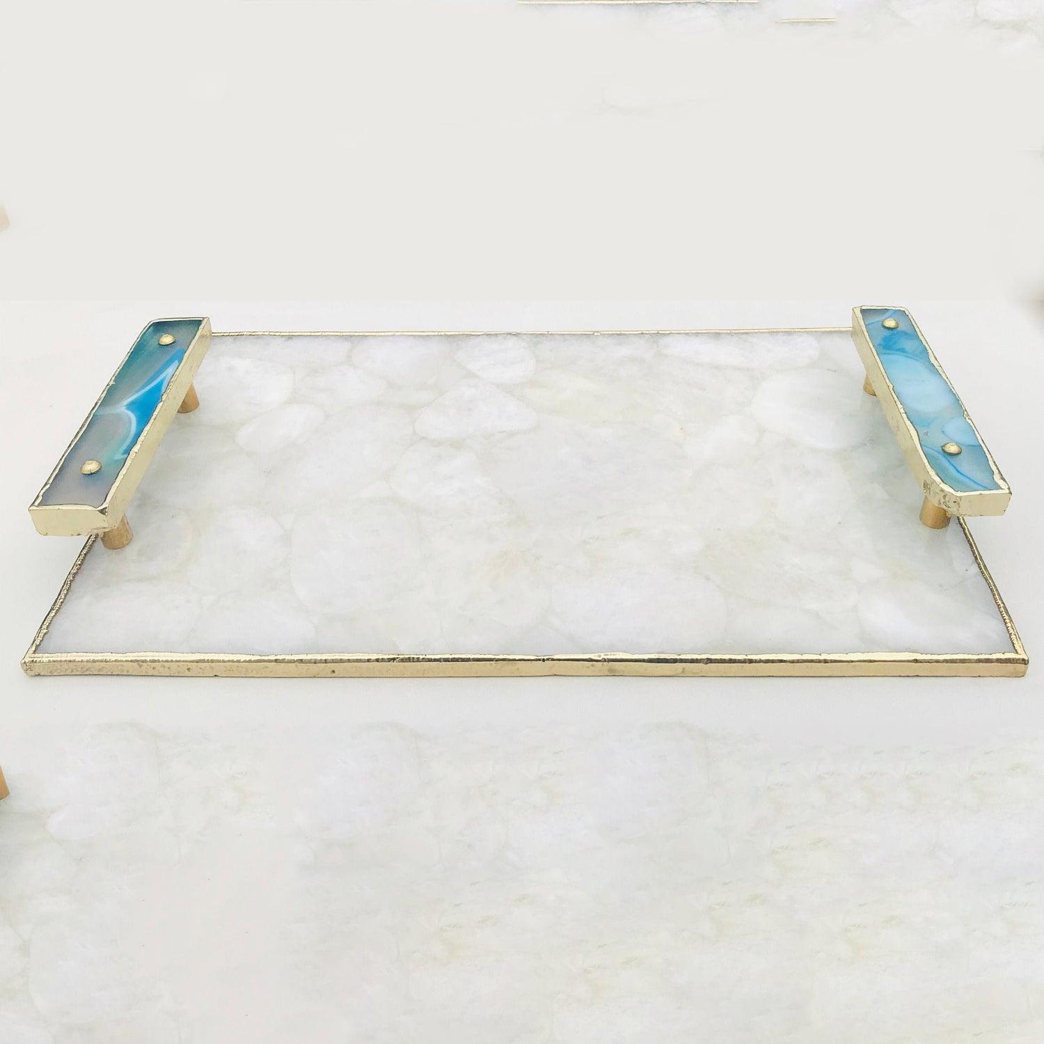 White Crystal Agate Plated Serving Tray With Blue Agate/Onyx Handles/Personalised Momentos/Sign Boards - PRHOMZ