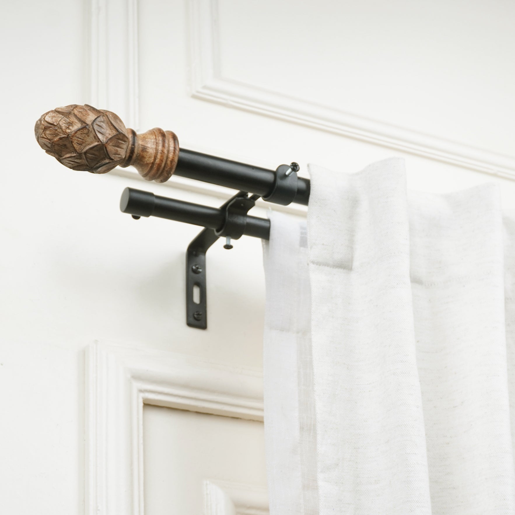 Double Curtain Pole | Black | Extendable & Adjustable | 28-144 Inch | Carved Pineapple Finials-2