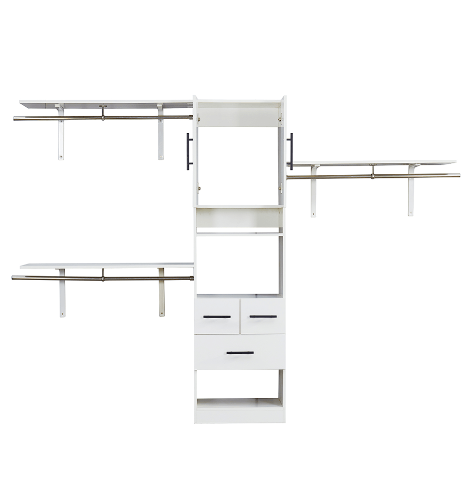 8FT White Closet Organizer System with Shelves, Towers, 3 Drawers & Hanging Rods - Built-In Oak Closet Storage Cabinet for Bedroom - PRHOMZ