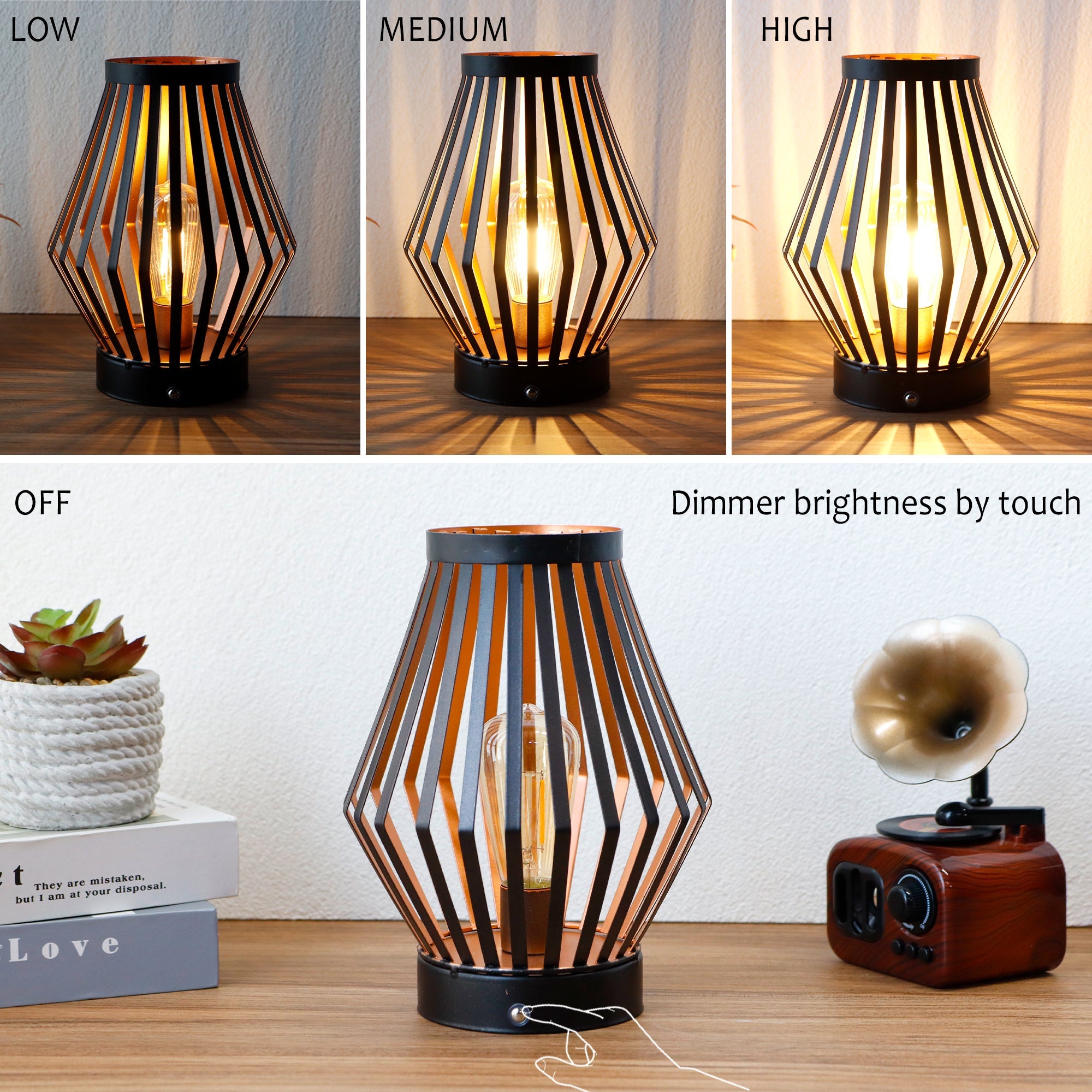 JHY DESIGN Set of 2 Dimmable Bedside Table Lamp 8.5''H Rechargeable Metal Cage Lantern with LED Edison Style Bulb Cordless Accent Lamp for Weddings Parties Patio Events for Indoors Outdoors-3