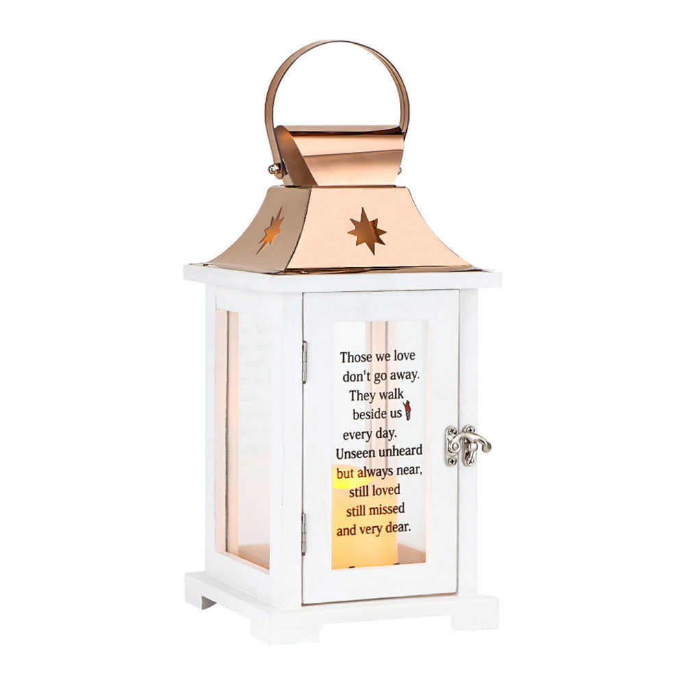 TRIROCKS Memorial Lantern 12.5''H Walk Beside Us Remembrance Lantern with Card Bereavement Sympathy Gift for Loss of Mother Funeral Memorial Service Loss of Loved One(White with Candle)-0