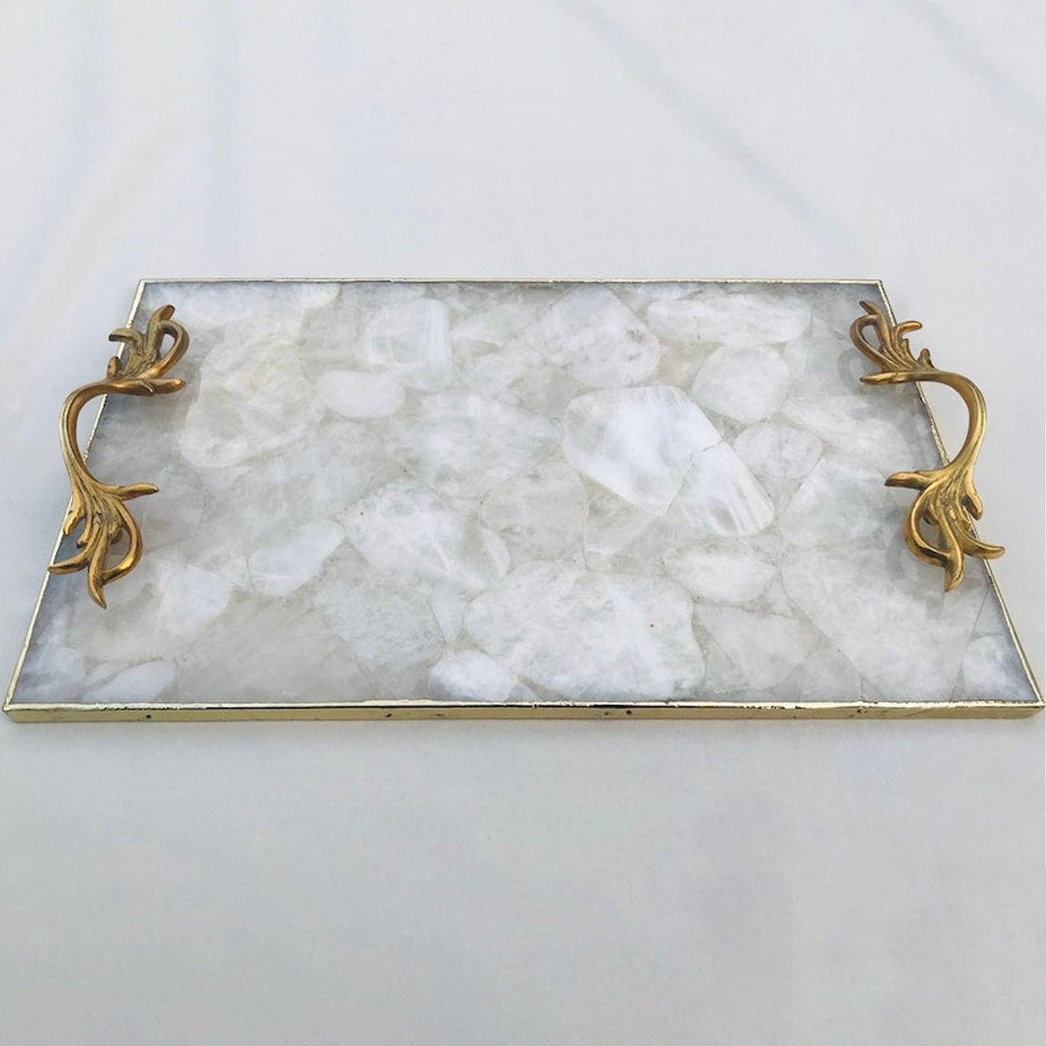 White Agate Serving Tray With Brass Handles - PRHOMZ