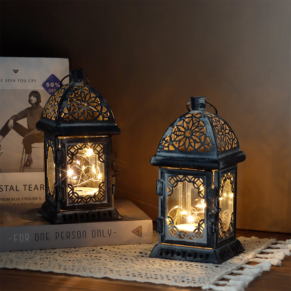 Set of 2 Battery Operated Vintage Style Decorative Lantern 8'' High (Grey)-0