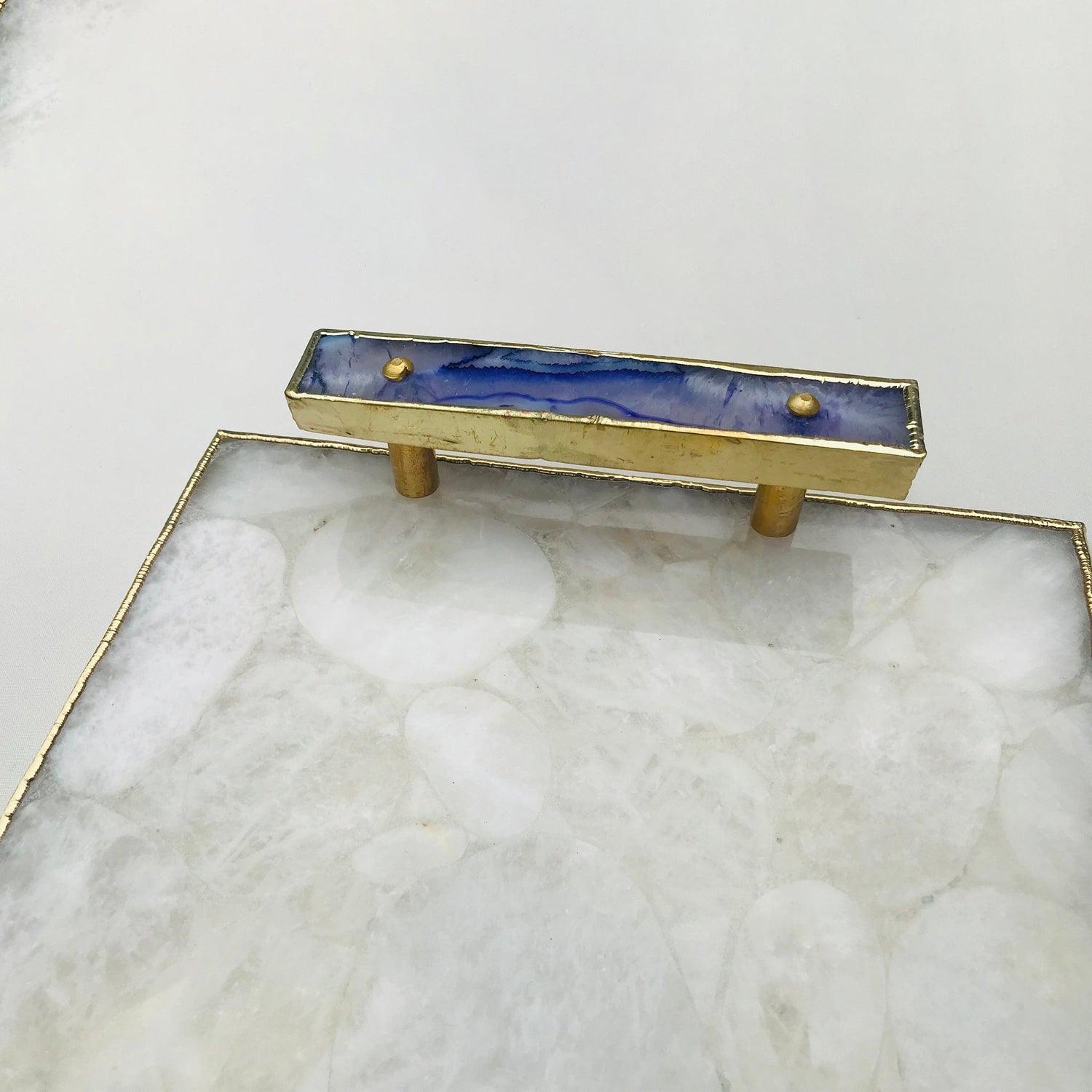 White Crystal Agate Plated Serving Tray With Purple Agate/Onyx Handles/Personalised Momentos/Sign Boards - PRHOMZ