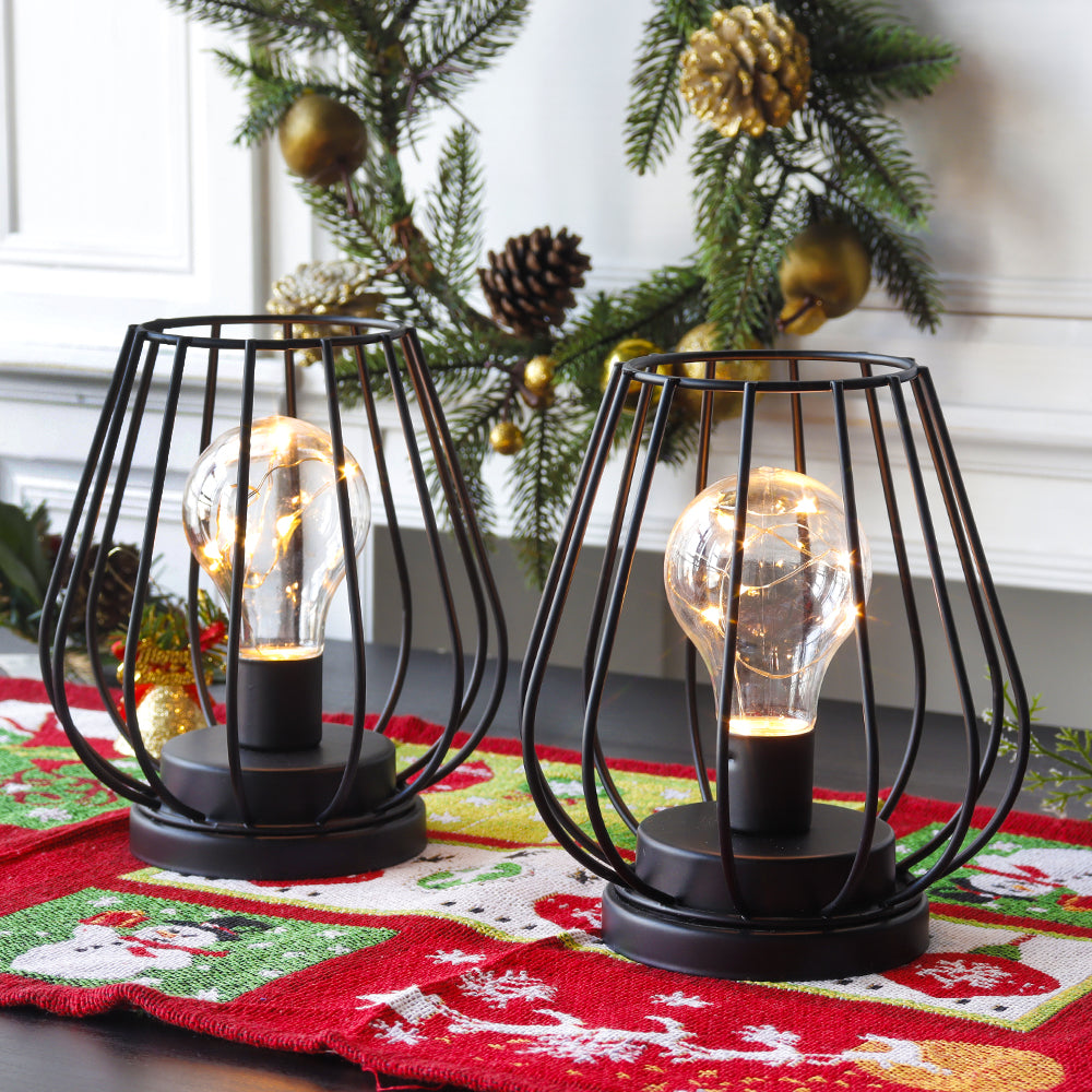 7'' Tall Set of 2 Metal Battery Operated Lamp (Black)-1