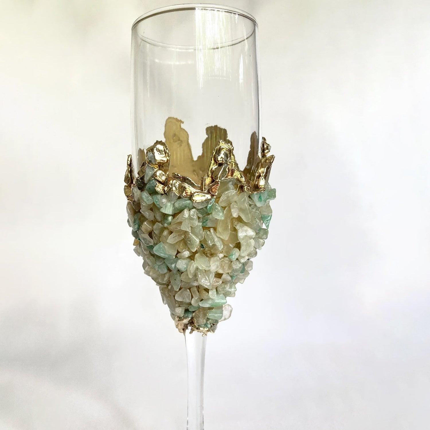 Set of 2 |Crystal Wine/Champagne Glasses with Gold Plated Light Green Agate/Quartz Semi-precious Crystals | 7 oz/215 ml - PRHOMZ