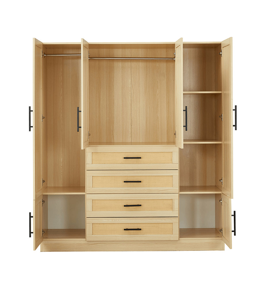 Natural Rattan Armoire Wardrobe – Wood 4-Door, 4-Drawer Closet with Mirrors, Hanging Rod & Shelves - PRHOMZ