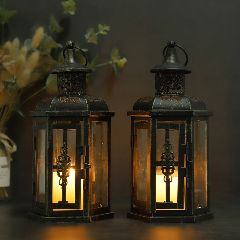 Set of 2 Decorative Lanterns -10 inch High Vintage Style Hanging Lantern Metal Candleholder White with Gold Brush-0