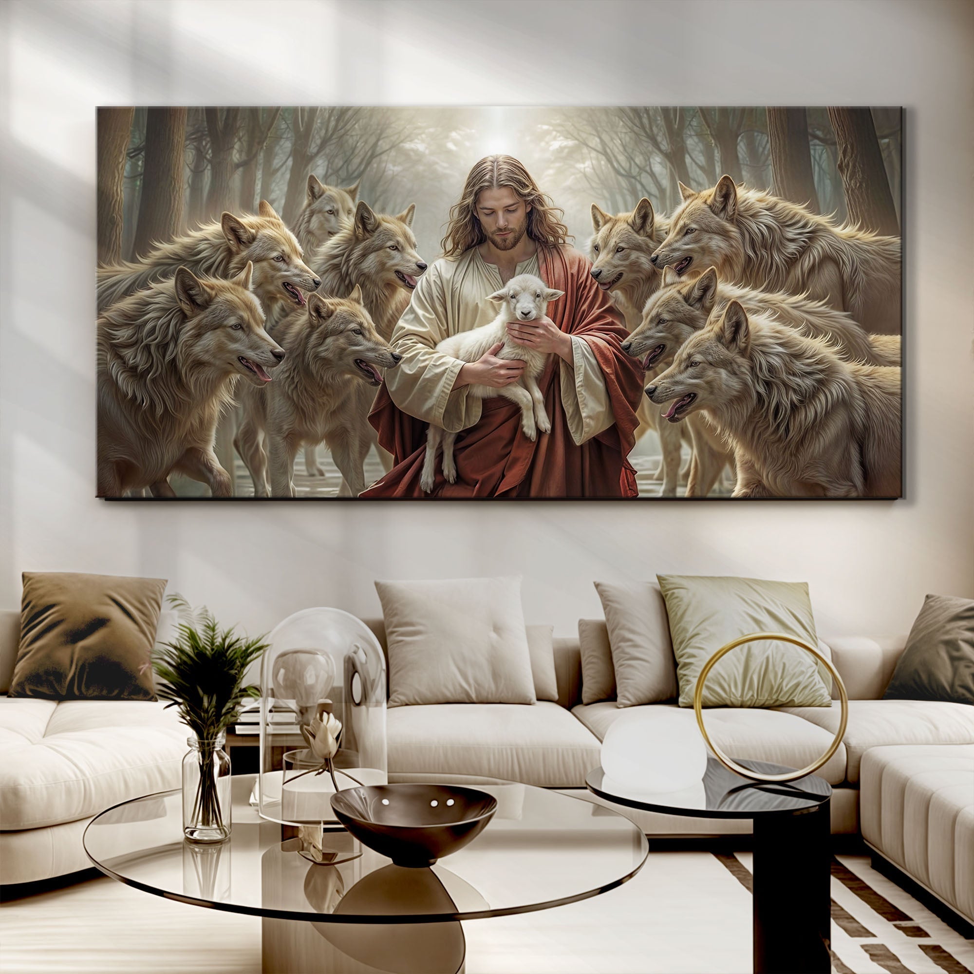 Jesus Protects The Lamb From Wolves Faith Wall Art II