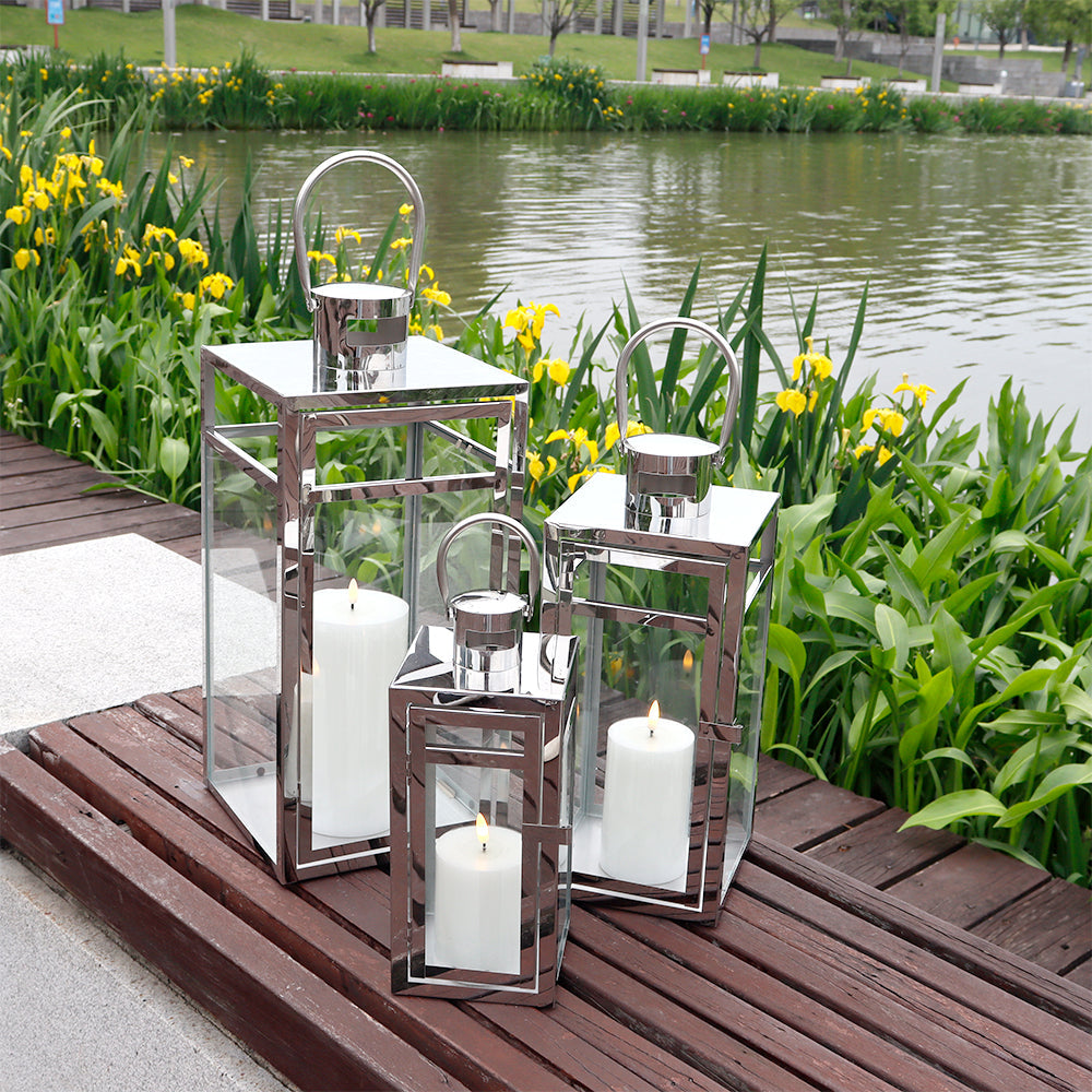 19''&15''&12'' H Stainless Steel Metal Candle Lantern Candle Holder with Clear Glass Panels(Set of 3)-2