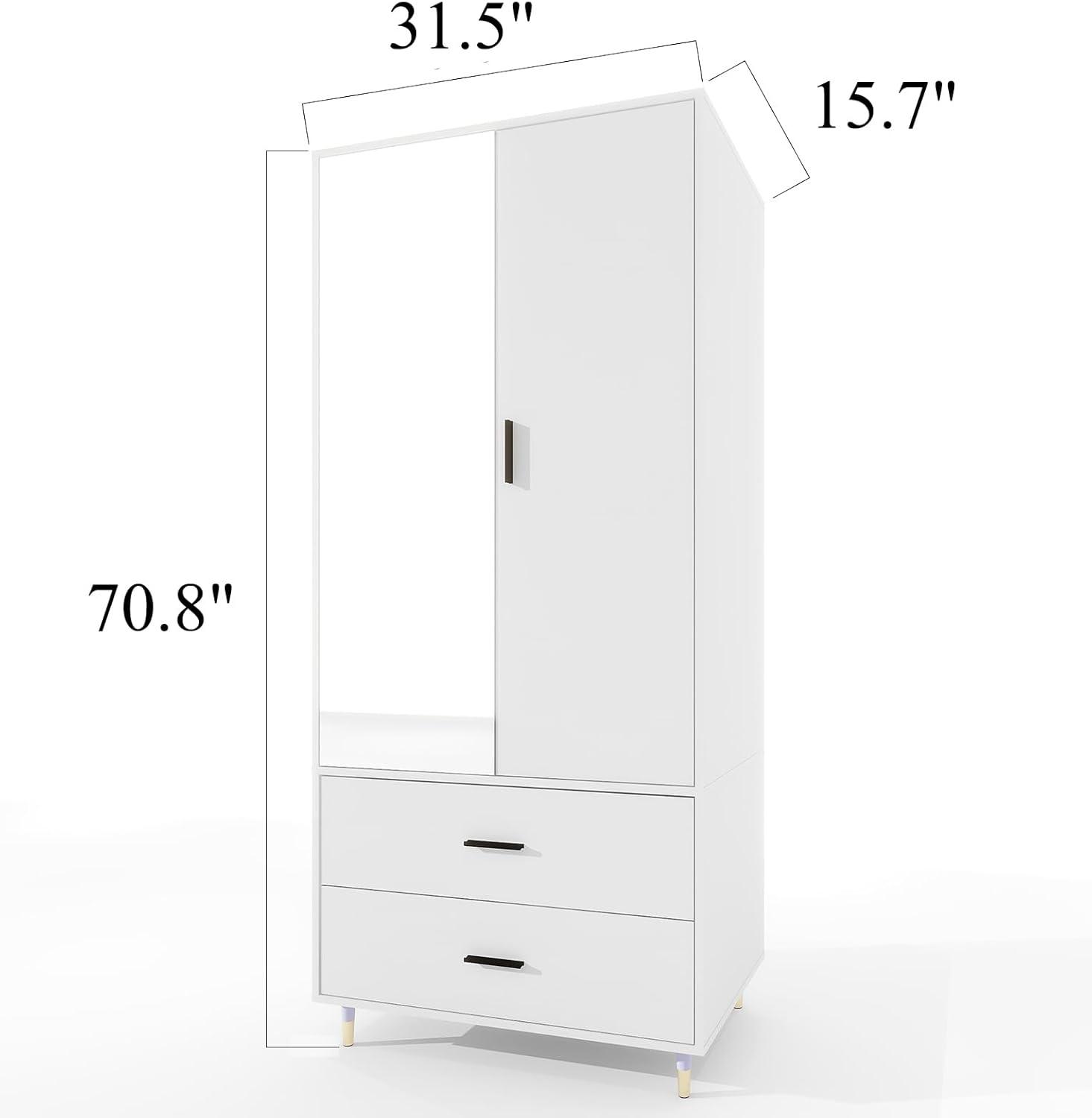 White Wooden Armoire Wardrobe – Tall 2-Door Closet with Mirror, Drawers, Hanging Rods & Shelves - PRHOMZ