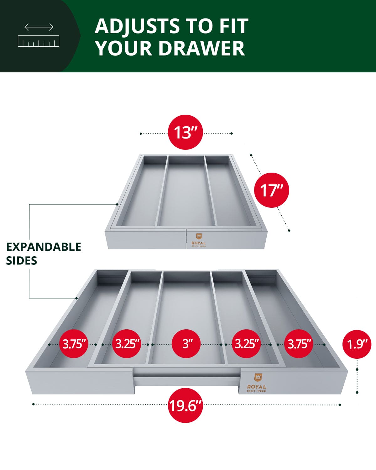 Utensil Drawer Organizer, Gray (5 Slots)