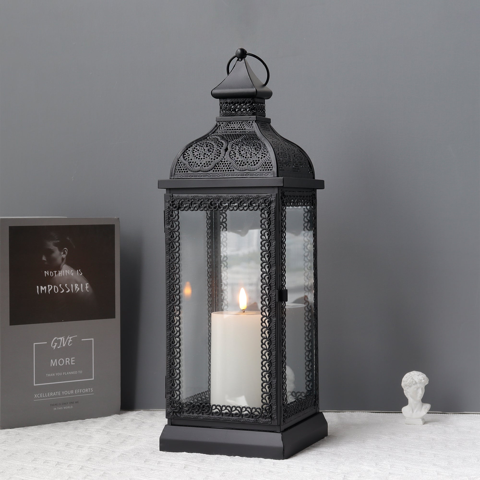 19'' High Rustic Style Metal Candle Lantern (Black)-1