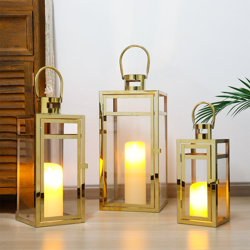 19''&15''&12'' H Stainless Steel Metal Candle Lantern Candle Holder with Clear Glass Panels(Set of 3 Gold)-4