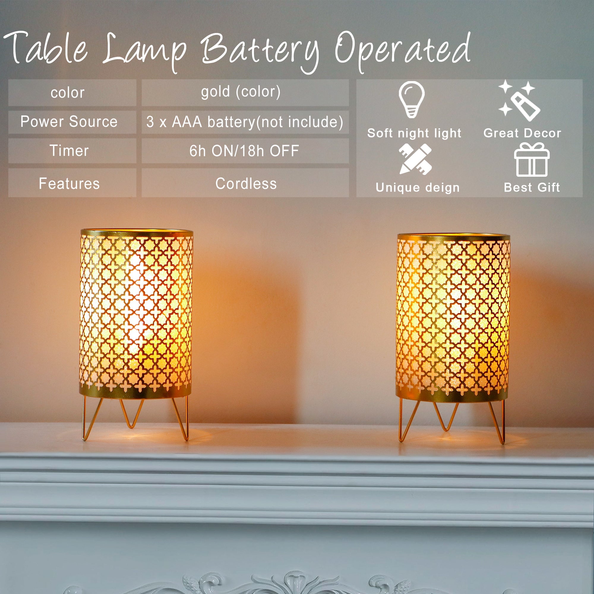 TRIROCKS Set of 2 Battery Operated Lamp 9'' High Cordless Table Lamp Battery Powered Lanterns with 6H Timer for Home Living Room Weddings Parties Patio Events Outdoors Indoors Shelf(Gold)-1