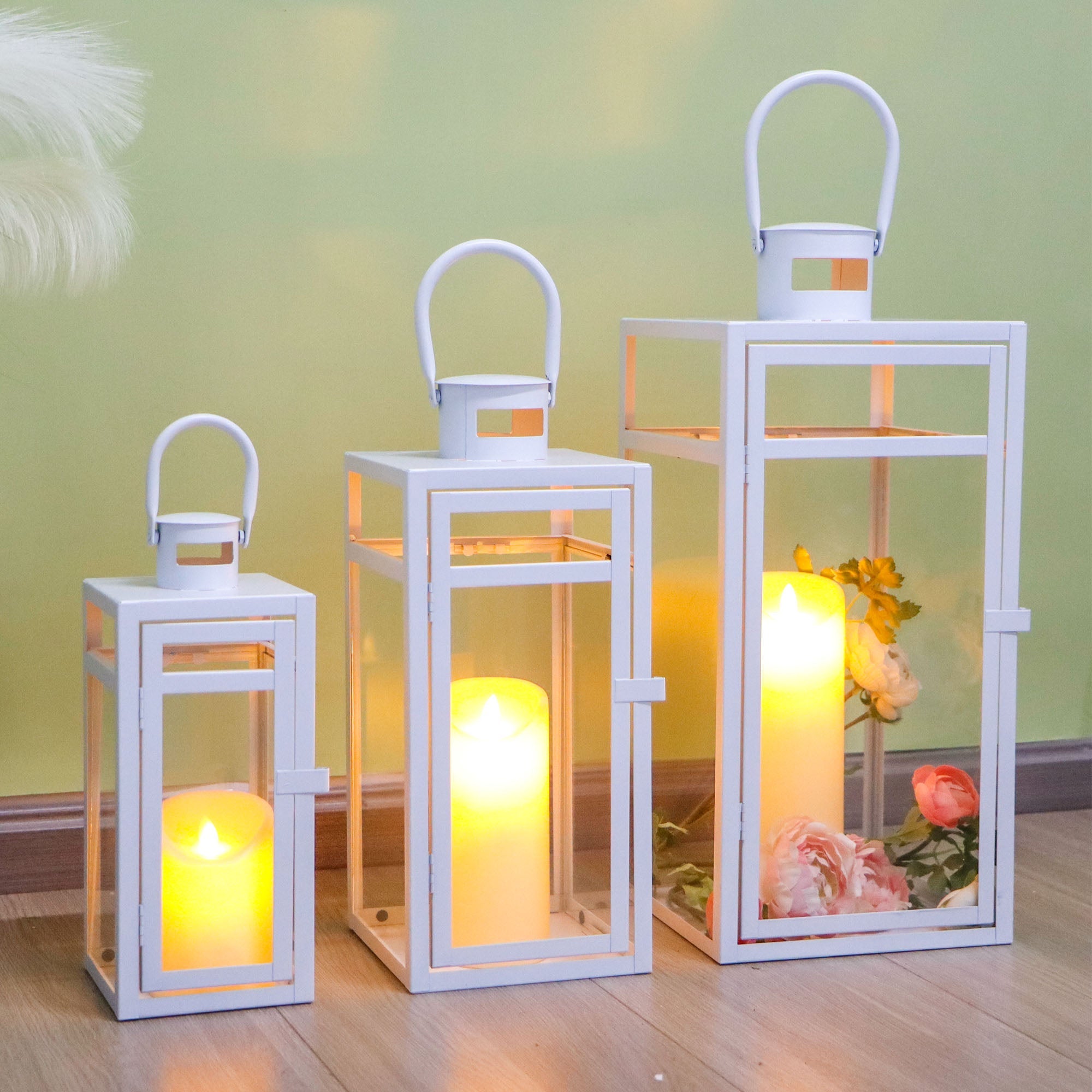 Metal Candle Lantern Set (3pcs, 12/15/19"): Tall Hanging, Tempered Panels, White (Indoor/Outdoor)-0