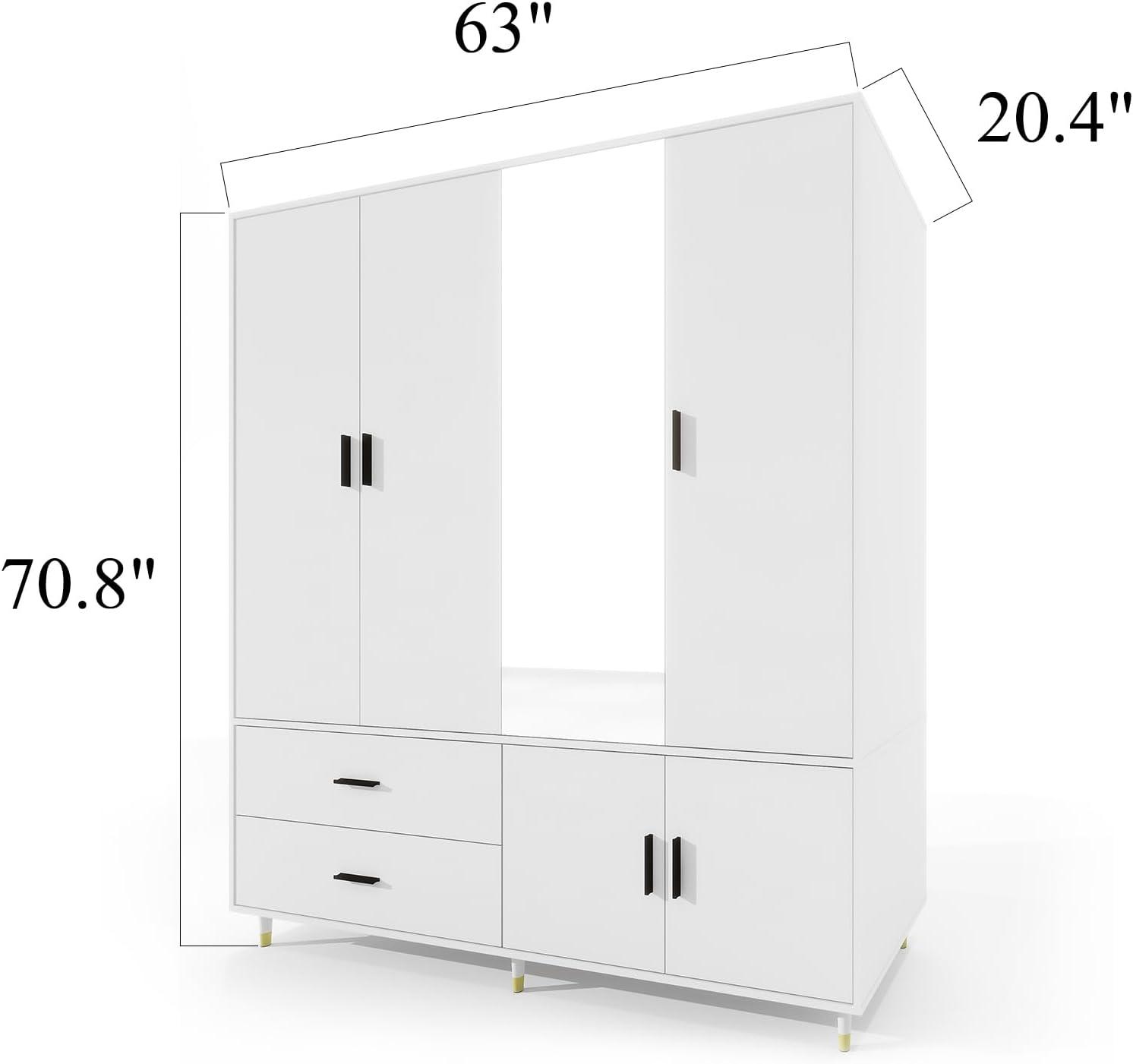 White Wood Armoire Wardrobe – 4-Door Closet with Mirror, 2 Hanging Rods, Drawers & Shelves - PRHOMZ
