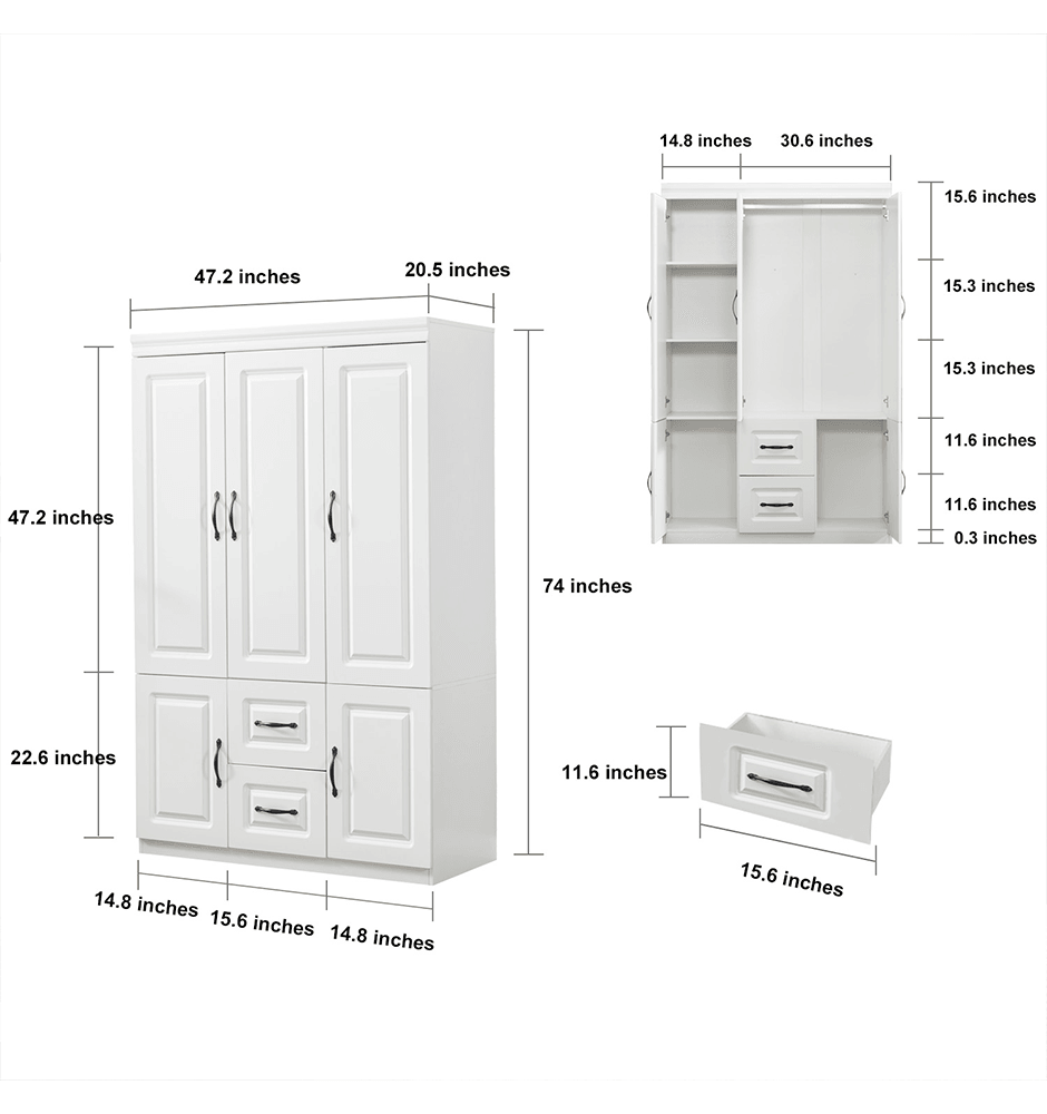 74'' White Armoire Wardrobe Closet with 3 Doors, Shelves, Hanging Rod & Drawers - Wood Storage Cabinet for Bedroom - PRHOMZ