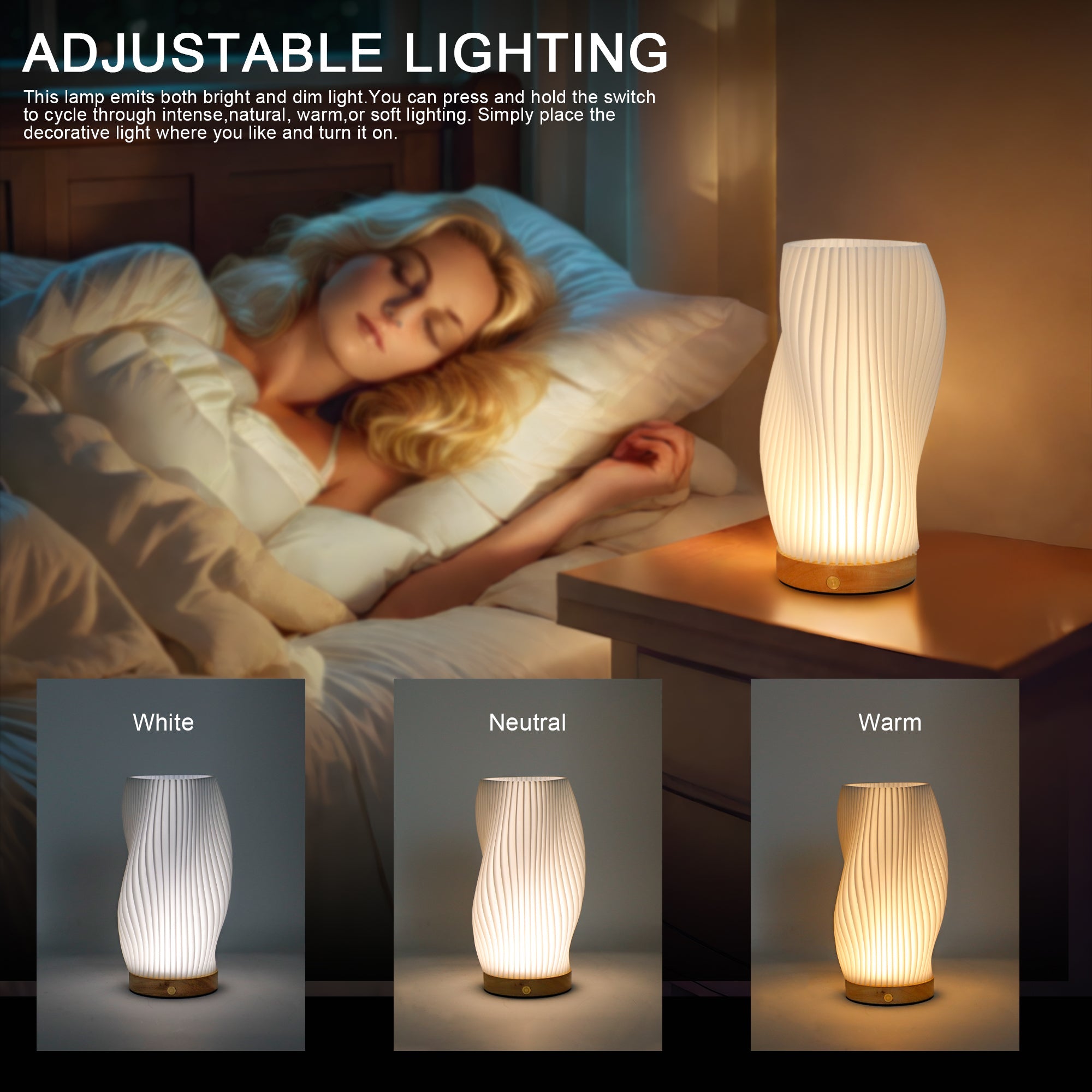 JHY DESIGN 9”H Rechargeable Touch Table Lamp 3D-Printing Dimmable Battery Powered Lamp-3