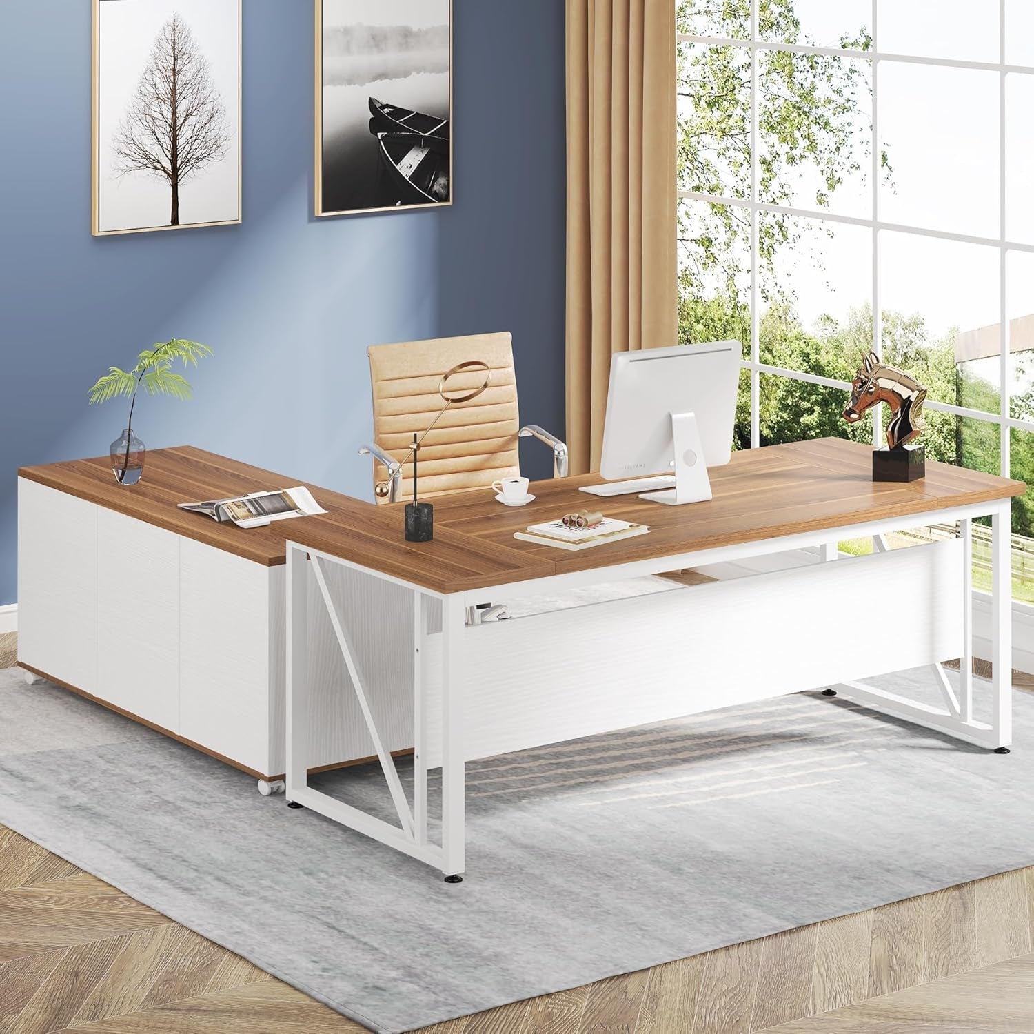 63 Inch L Desk With File Cabinet Walnut White Finish