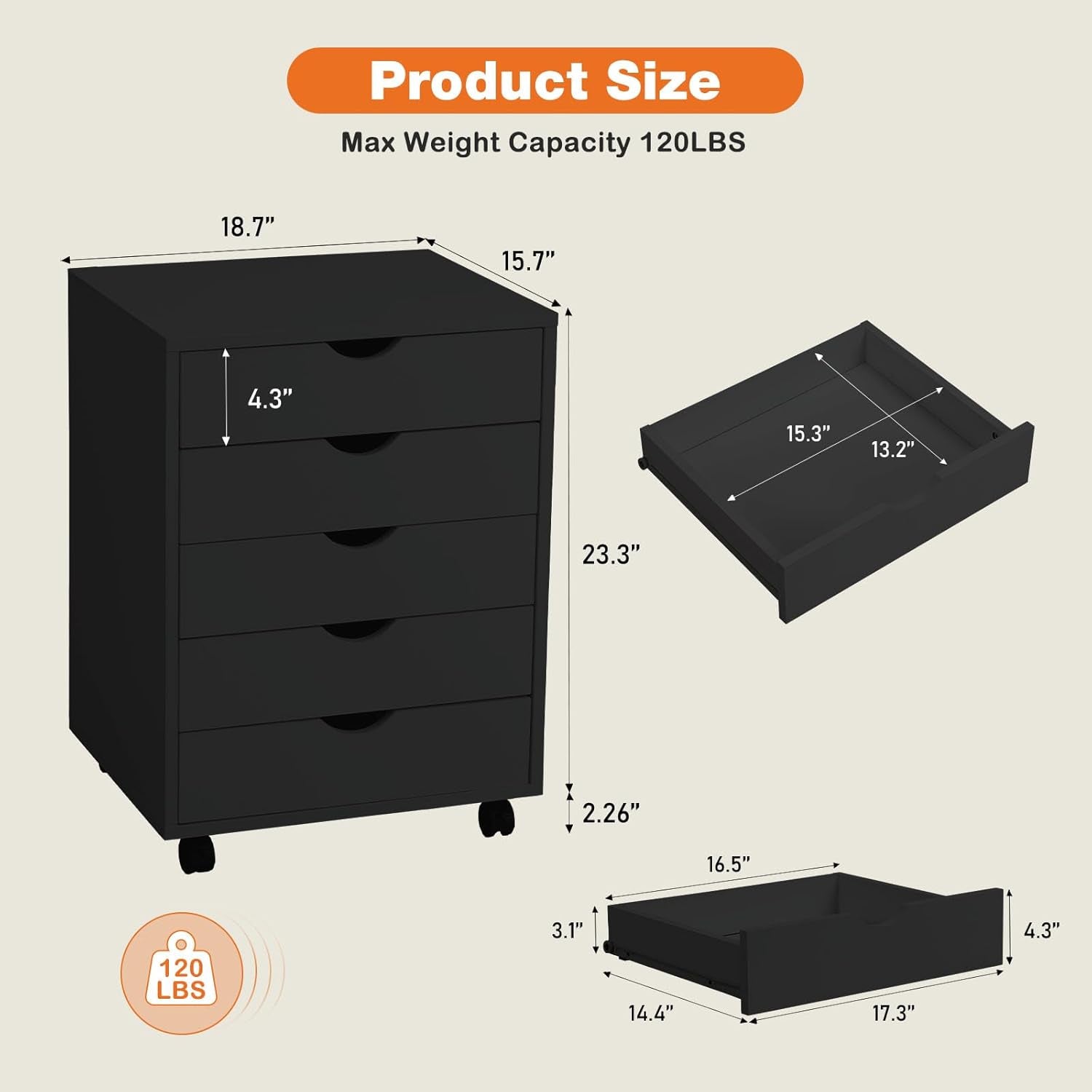 Five Drawer Multifunctional File Cabinet Black Industrial