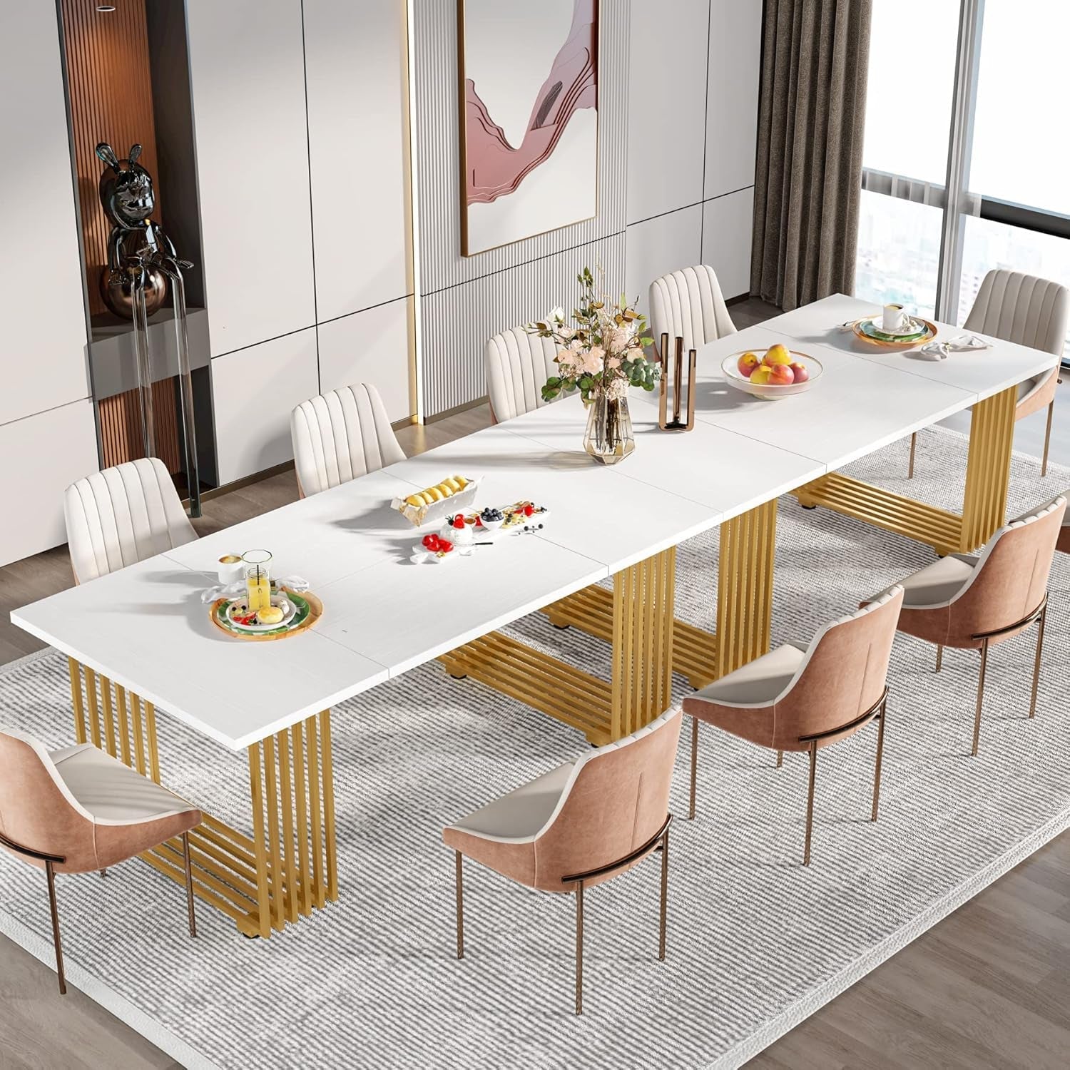 White Gold Wood Dining Table 70 Inch Rectangular For Dining Room