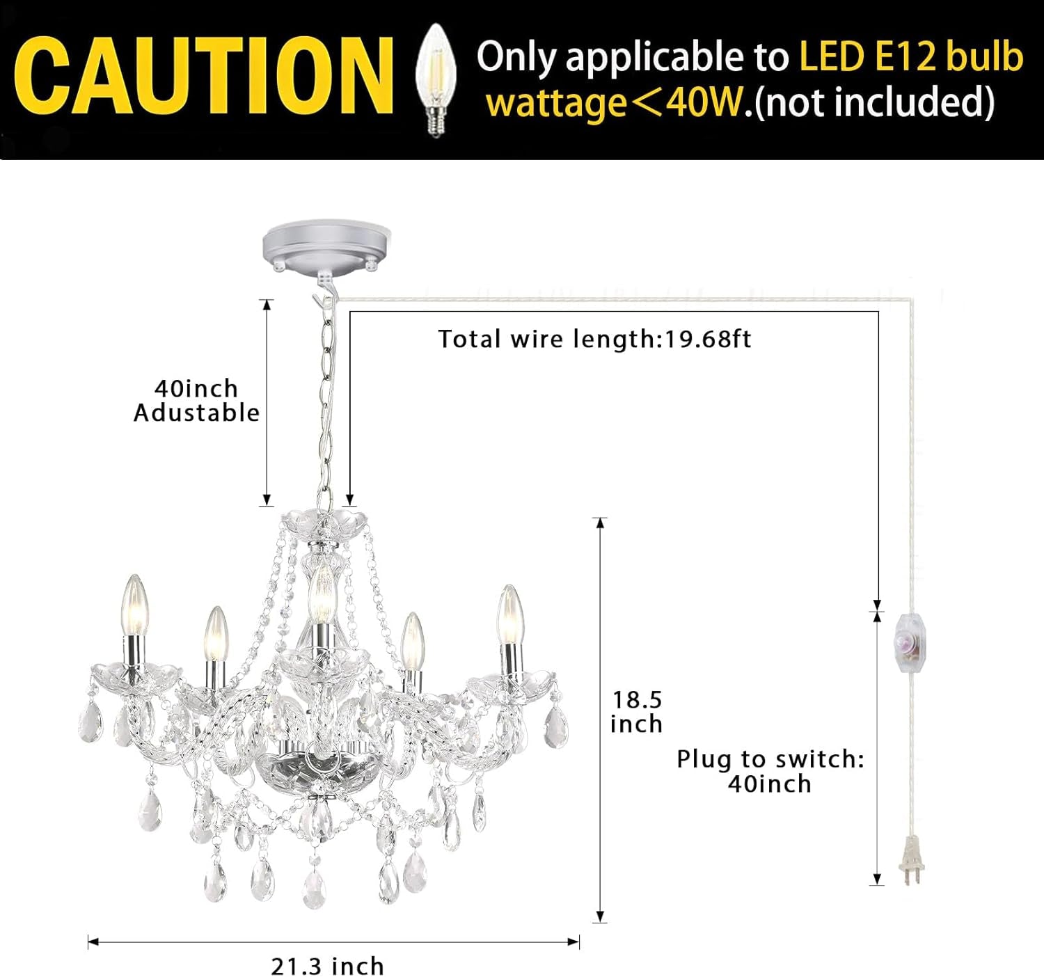 Dimmable Plug In Crystal Chandelier Chrome Pendant-4