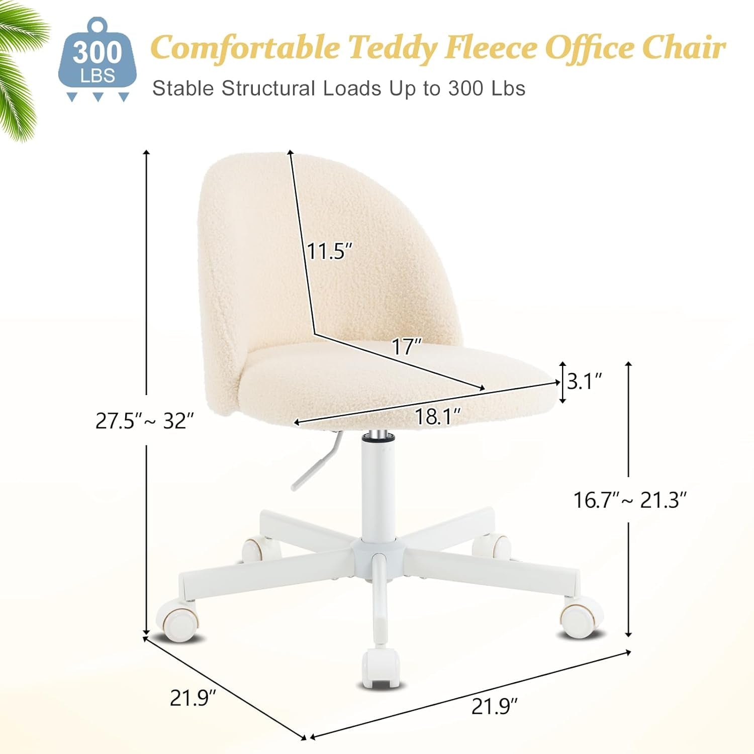 Armless Creamy Beige Teddy Fleece Office Desk Chair With Wheels