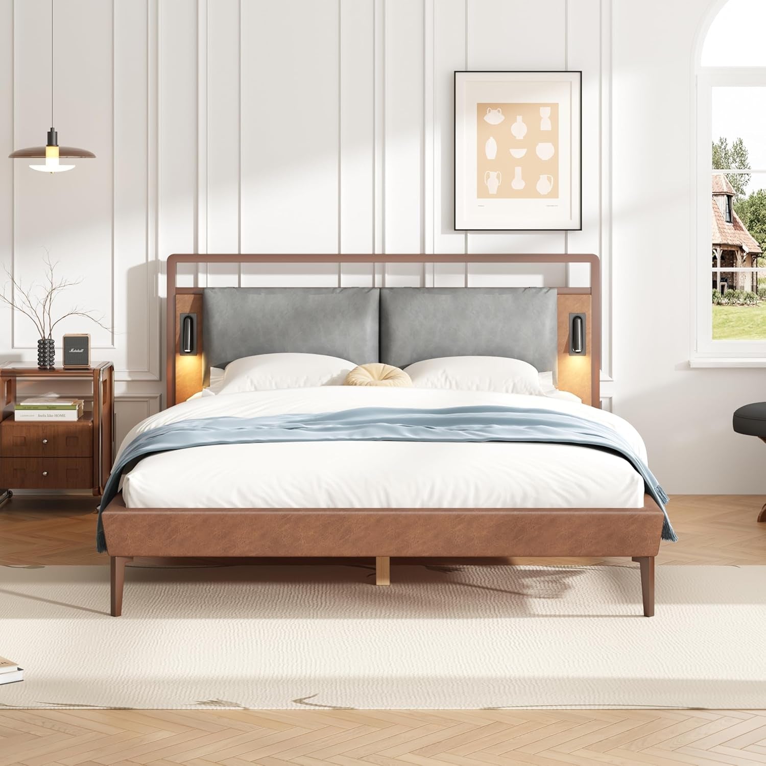 Brown Upholstered Bed Frame With Integrated Night Lights