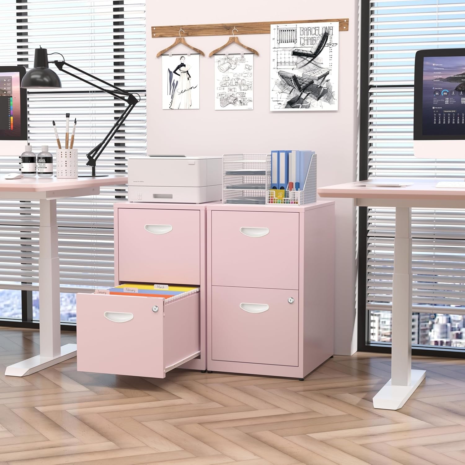 Metal Pink 2 Drawer Locking File Cabinet For Hanging Files Letter A4 Documents Compact