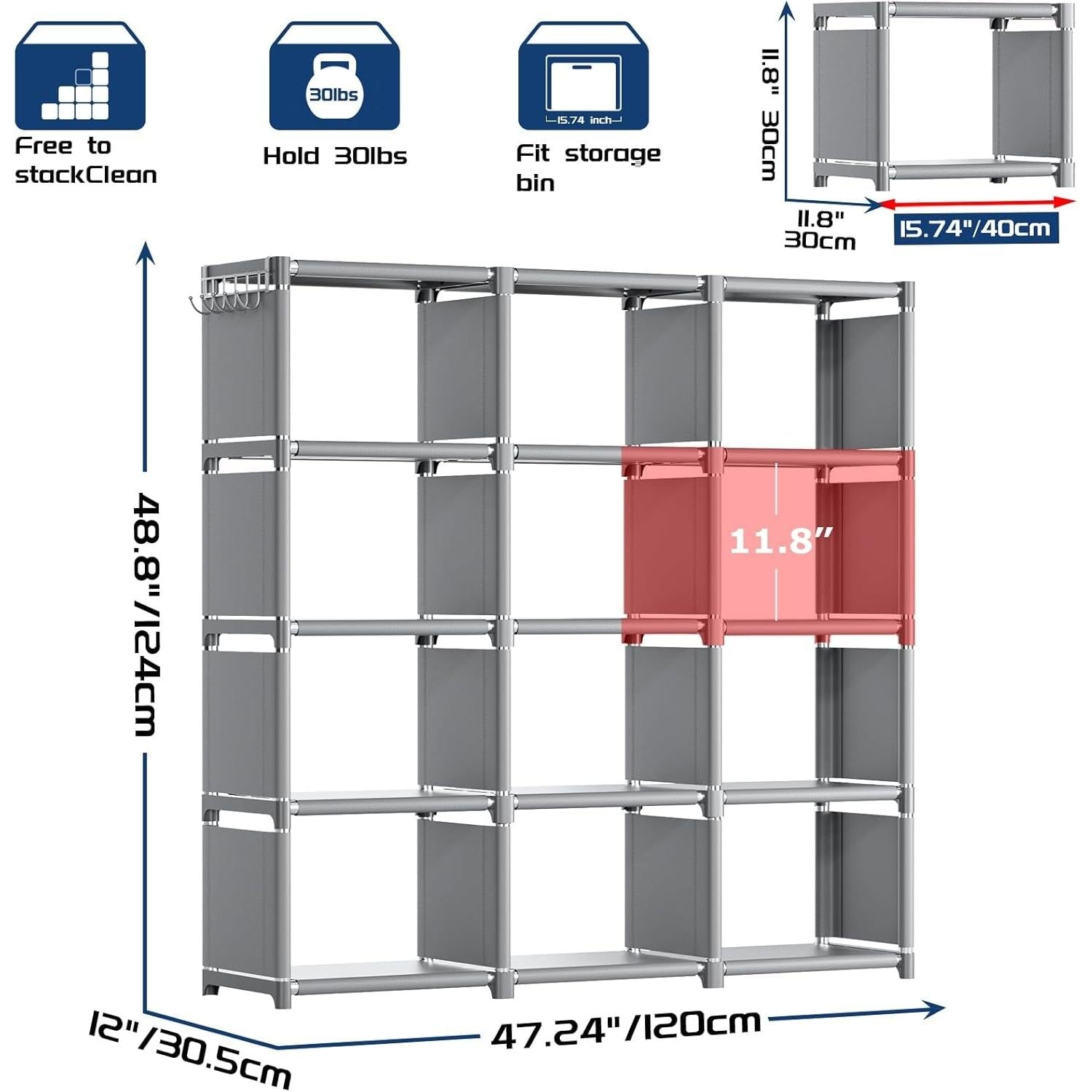 12 Cube Grey Metal Bookcase Storage Organizer Home Office