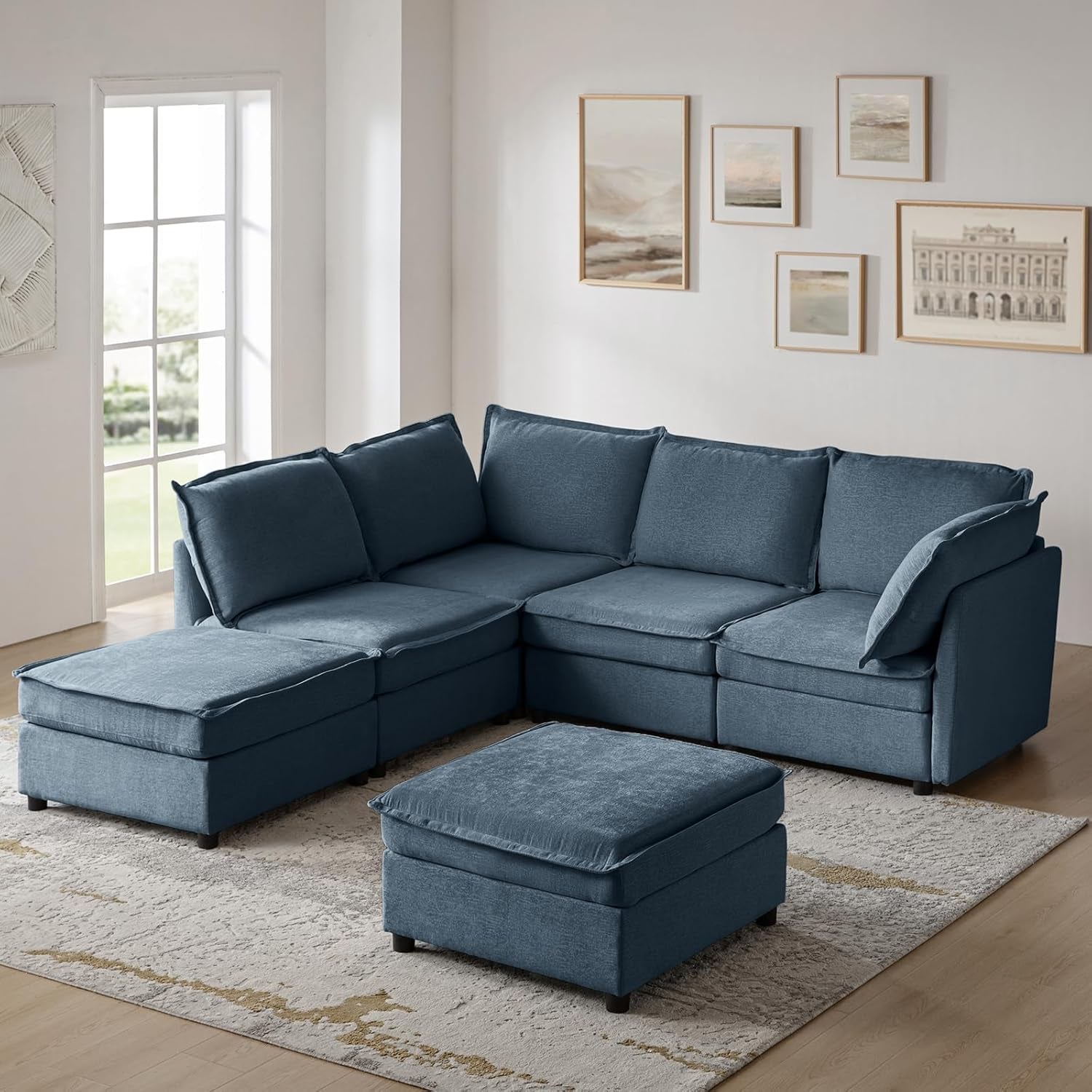 127 Inch Modular Sectional Sofa Blue Chenille U Shaped