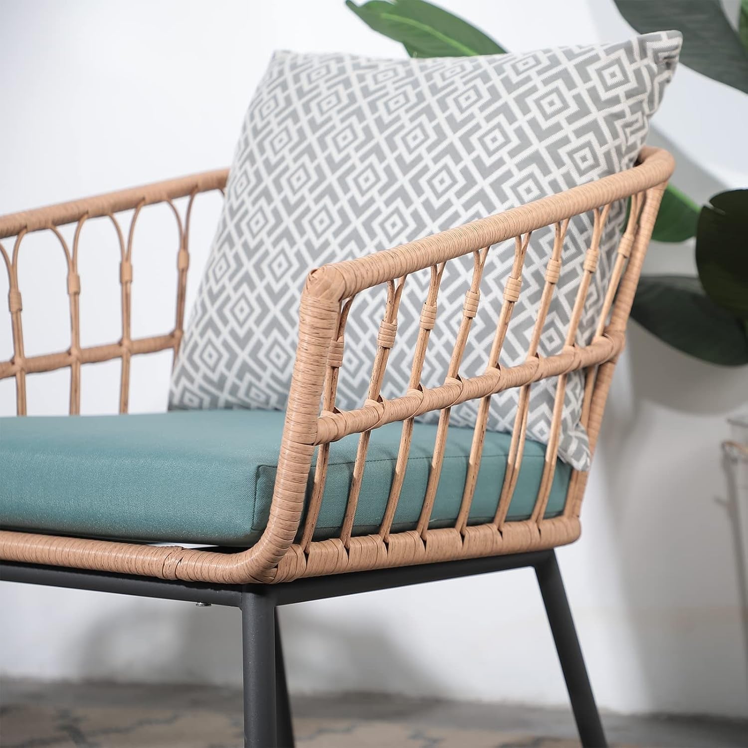 3 Piece Outdoor Patio Furniture Set With Conversation Bistro Tempered Coffee Table And Green Wicker Chairs