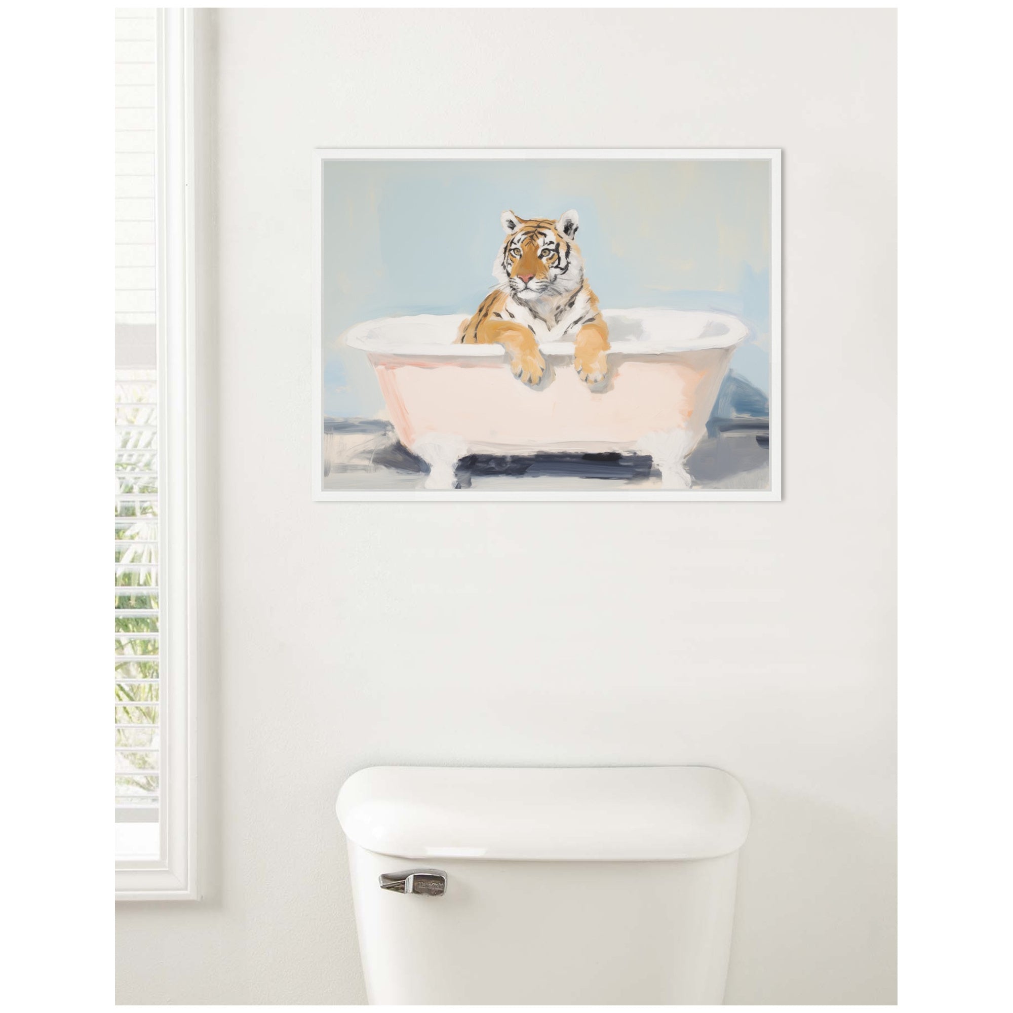 Sylvie Charming Boho Cottage Farmhouse Tiger in Bathtub Framed Canvas by The Creative Bunch Studio