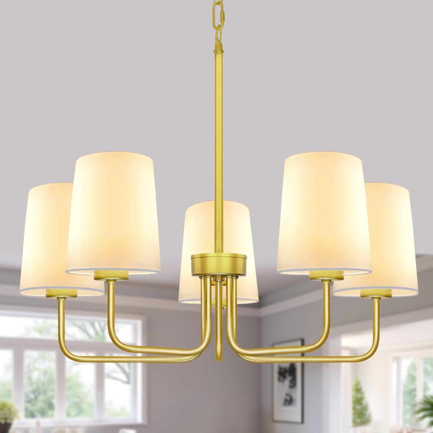 Gold Farmhouse Chandelier Fivefold Light Shade Fabric-0