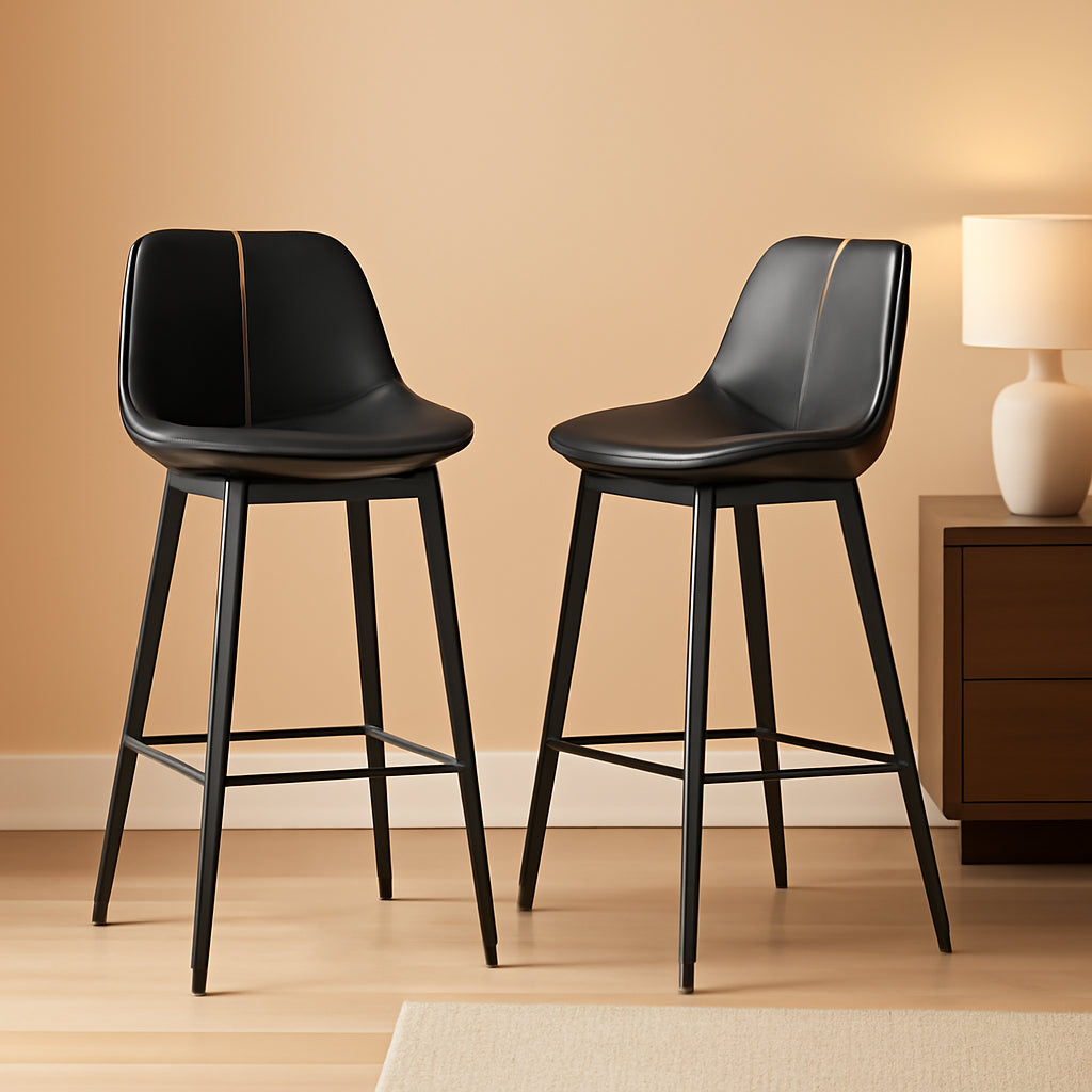 Bar Stools Set Of 2 Ink Black Synthetic Leather Bar Height Back Ergonomic