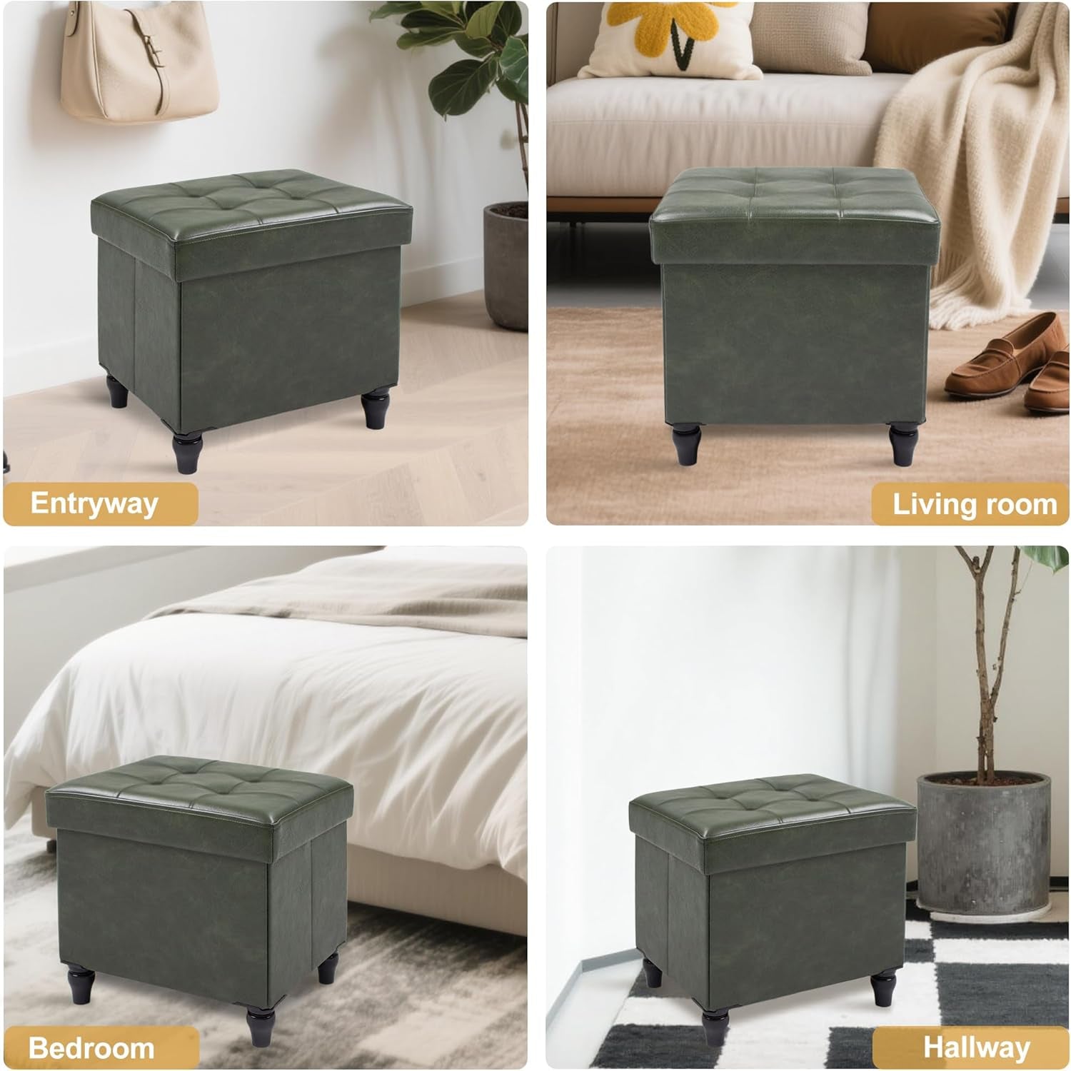 Green 15 Inch Storage Ottoman Bench for Living Room