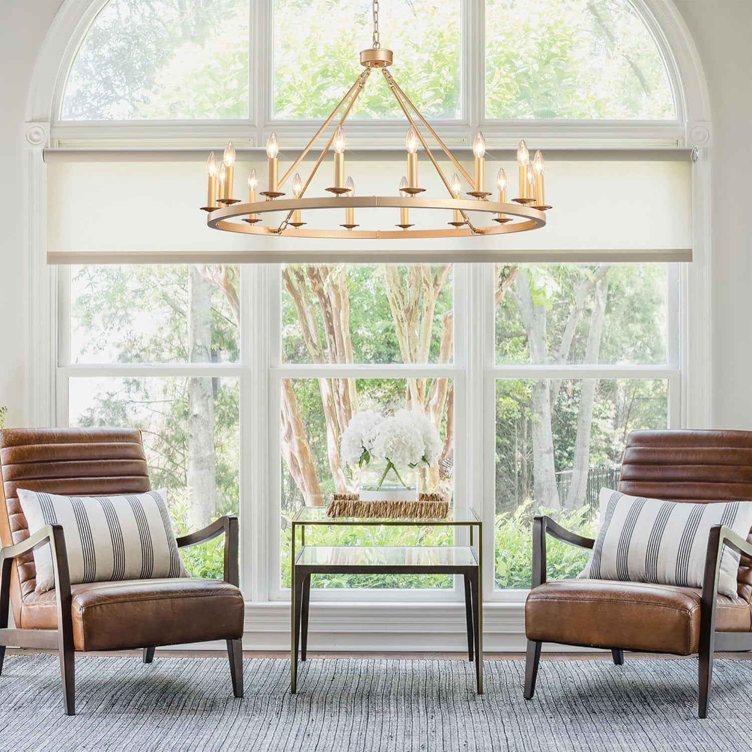 Gilded Wagon Wheel Chandelier Forty Inches Farmhouse-2